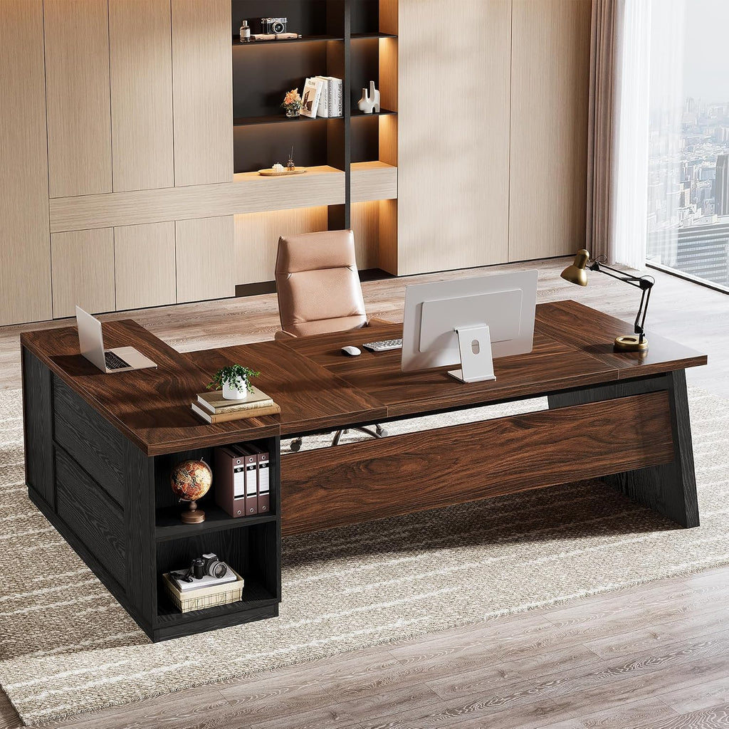 Tribesigns 78' L Shaped Executive Desk, Large Office Desk with Drawers and Storage Shelves, Modern Corner Computer Table Business Furniture for Home Office (Walnut & Brown)
