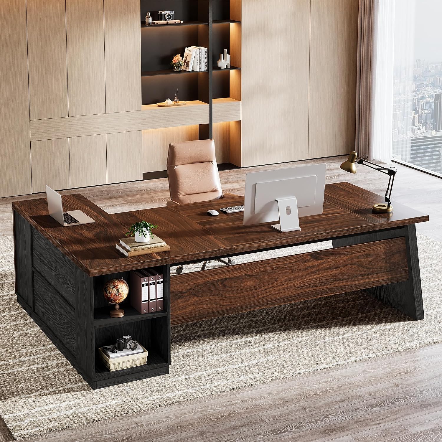 Tribesigns 78' L Shaped Executive Desk, Large Office Desk with Drawers and Storage Shelves, Modern Corner Computer Table Business Furniture for Home Office (Walnut & Brown)