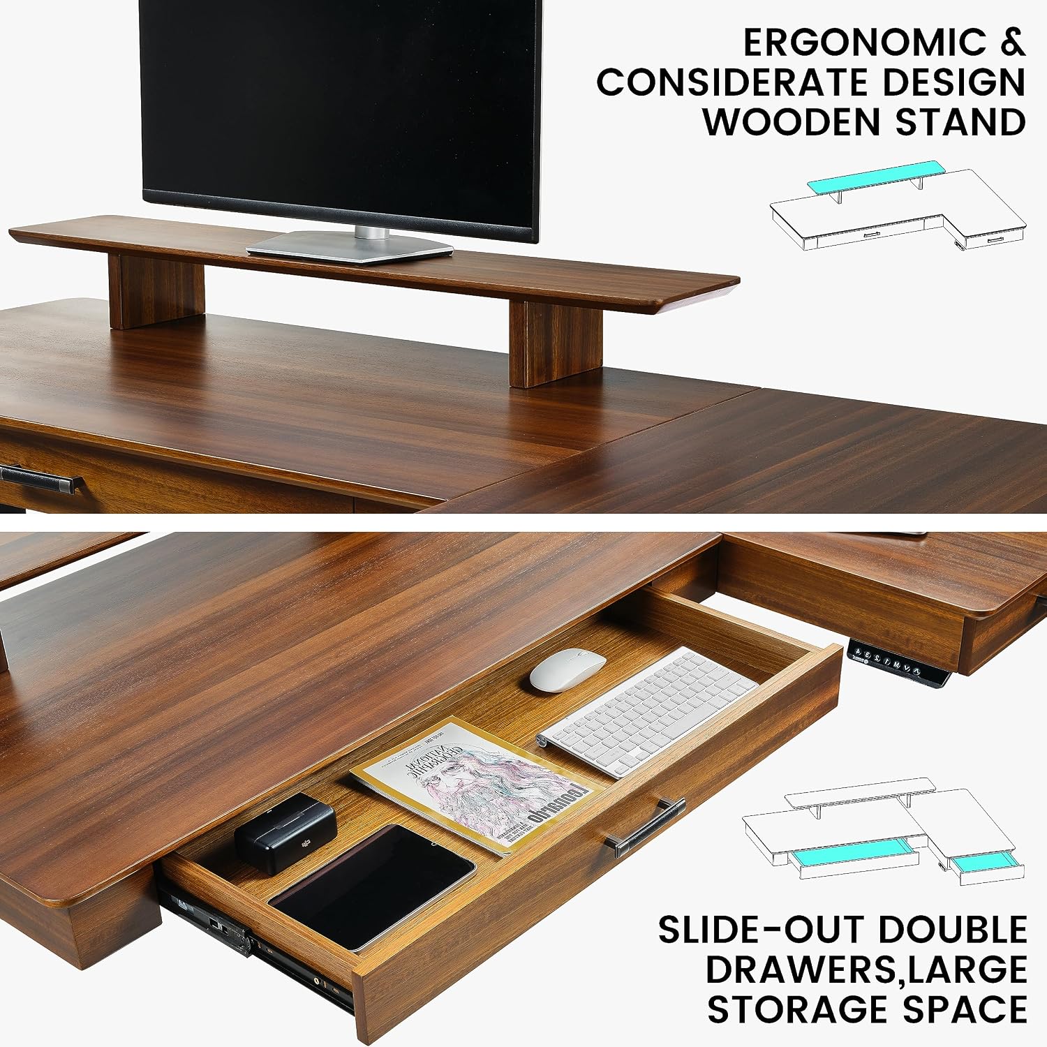 EUREKA ERGONOMIC 63' L-Shaped Standing Desk, Solid Walnut Top, Dual Drawers, Height Adjustable Executive Desk with Monitor Stand, Right, Walnut