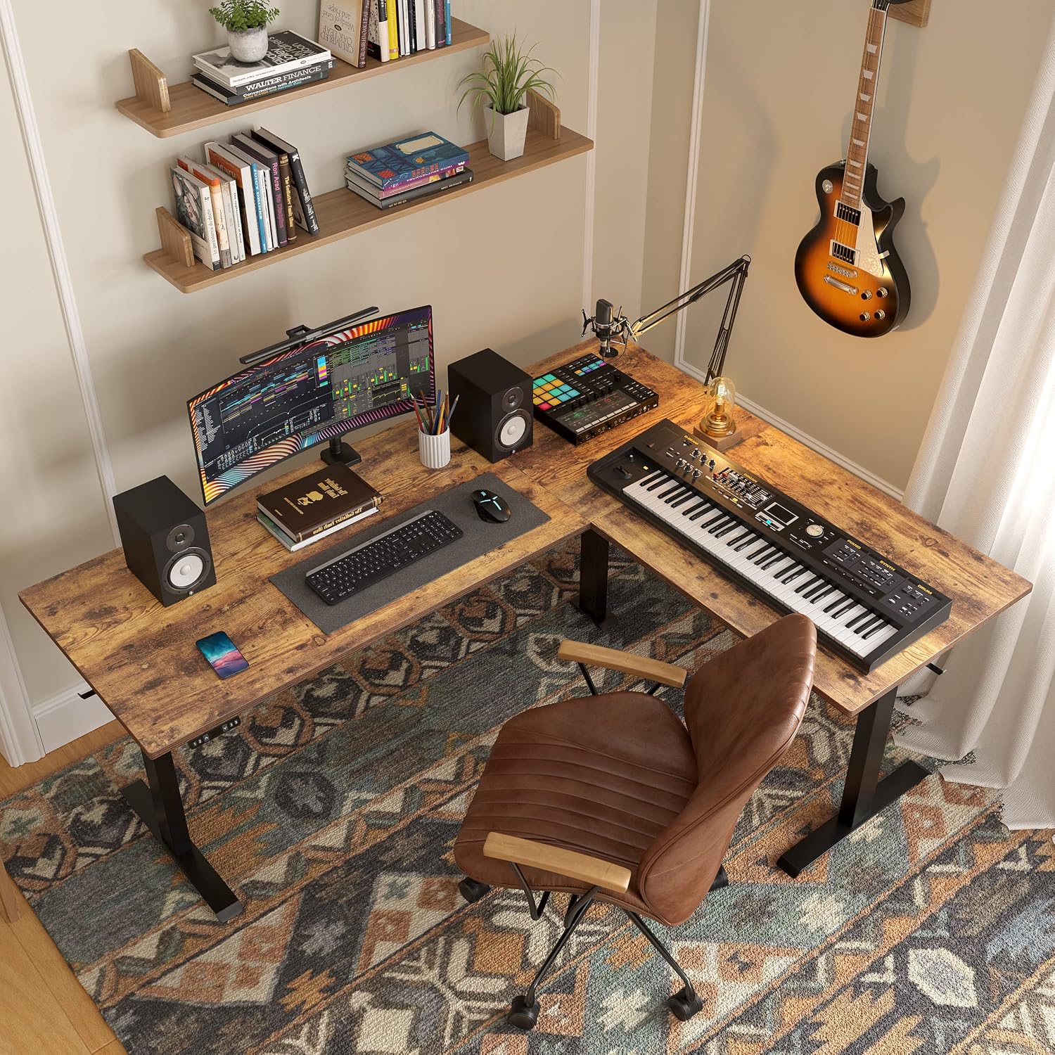 FEZIBO 75 Inches, Supports Over 300lbs, Large L Shaped Standing Desk, Electric Height Adjustable L Shaped Desk, Suitable for Home Office, Rustic Brown Top/Black Frame