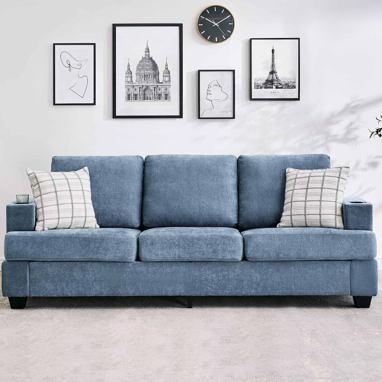 GarveeHome Modern 89 in 3-Seater Sofa for Living Room, Comfy Couches with Deep Seat, Chenille Couch with Cup Holders and Side Storage Pockets for Apartment Lounge, Blue