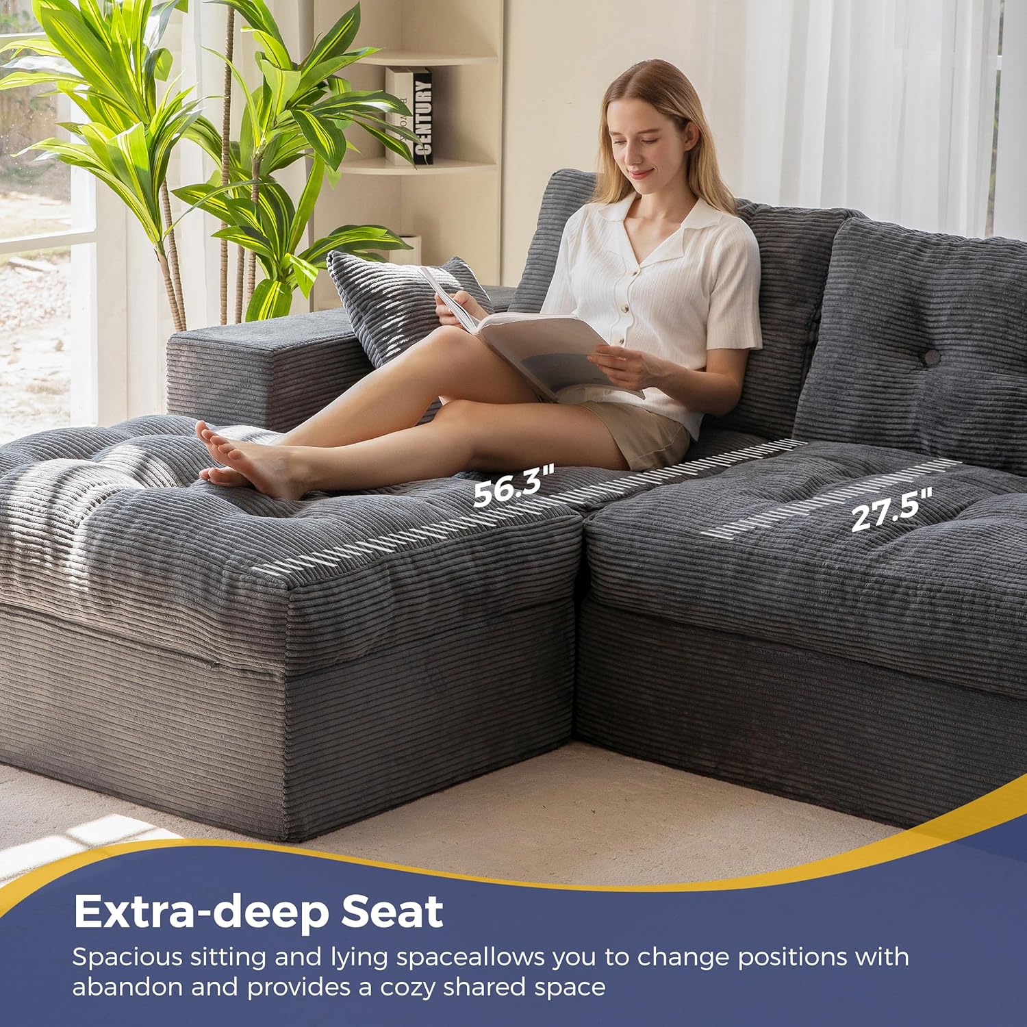 MAXYOYO 104' L Shaped Modular Sectional Sofa with Ottoman, Cloud Boneless Couch with Layered Cushion, Upholstered Sofa Flexible Module Combination for Living Room, No Assembly, Dark Grey