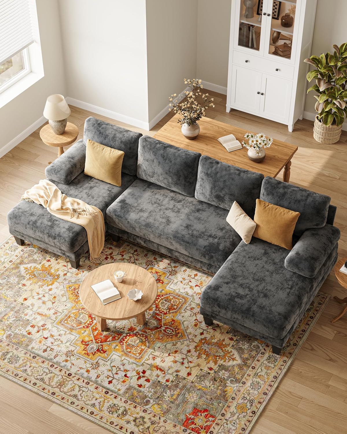 U-Shaped Sectional Couches for Living Room | Chenille Sofa with Double Chaise | 112 Inch Dark Grey Sectionals Couch for Apartment