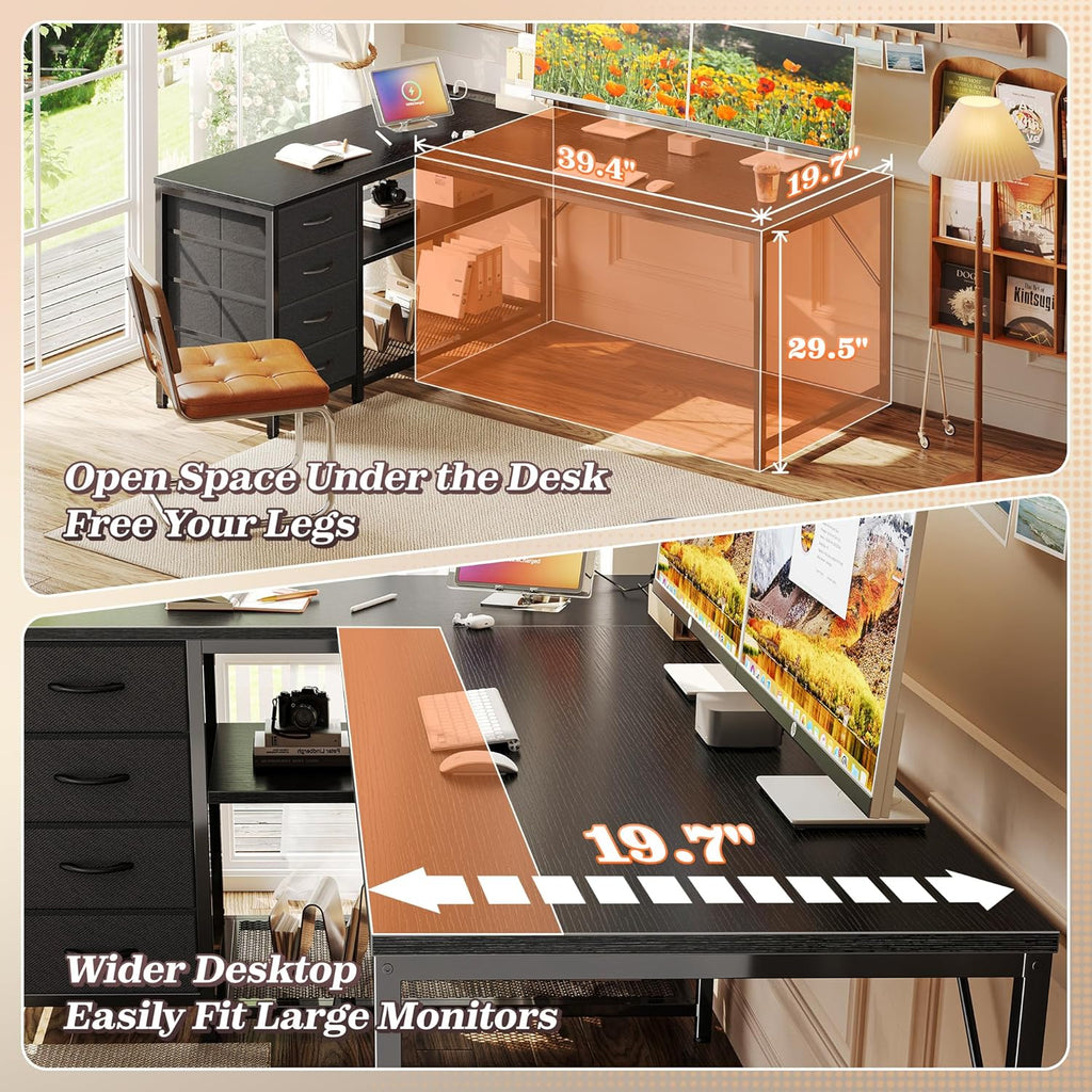 PRAISUN 53' L Shaped Desk with Power Outlets and USB-C Port, Reversible Computer Corner Office Desk with 4 Fabric Drawers and 2 Height-Adjustable Shelves, Large for Gaming Writing Work Study, Black