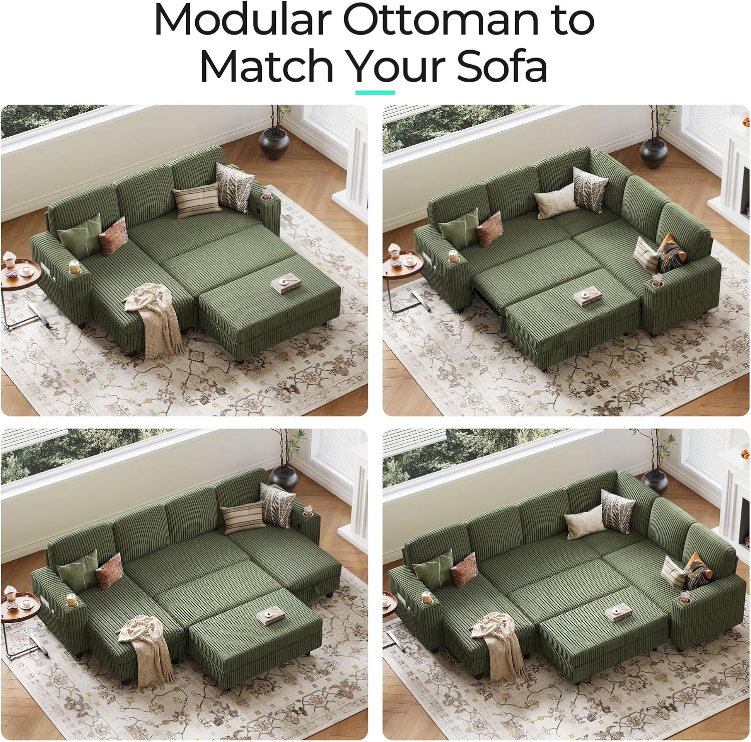 LINSY HOME Sectional Sleeper Sofa with Pull Out Couch Bed for Living Room (Green) | USB Charging, Storage Chaise, Storage Ottoman, Plush Corduroy, Pull Out Couch