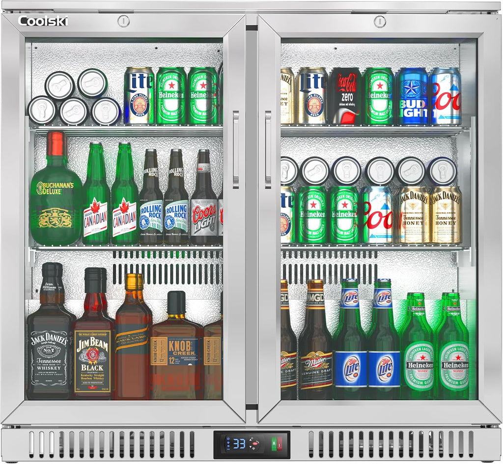 Coolski 36 Inch Back Bar Cooler, Under Counter Beverage Refrigerator with Glass Doors, Commercial Counter Height Display Fridge for Beer Soda, 7.4 Cu.Ft. Capacity/LED Lighting/ETL NSF Approved