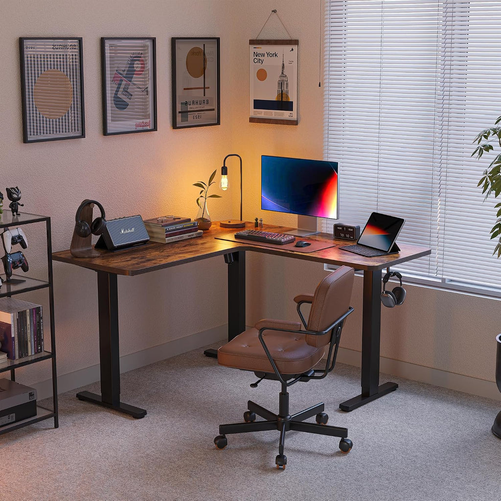 FEZIBO L Shaped Standing Desk, Electric Stand up Height Adjustable Home Office Table, Sit Stand Desk, Light Rustic Brown Top