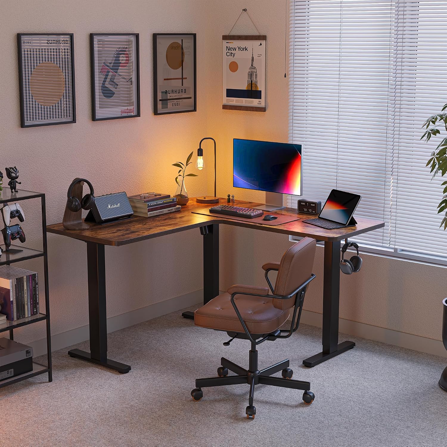 FEZIBO L Shaped Standing Desk, Electric Stand up Height Adjustable Home Office Table, Sit Stand Desk, Light Rustic Brown Top