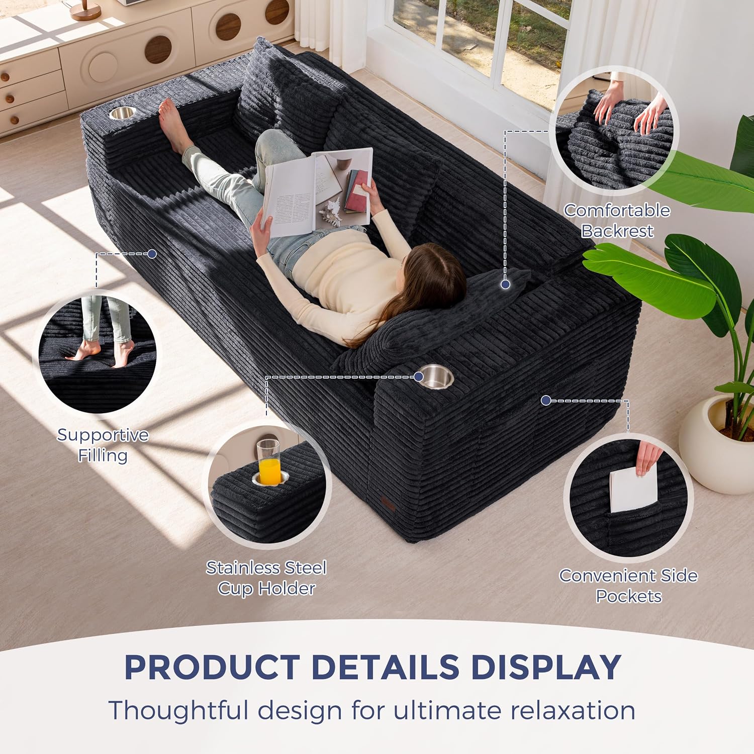MAXYOYO 79' Oversized Boneless Loveseat Sofa Couch for Small Spaces, Mini Love Seat Floor Couch with Cup Holders and Pillows, 3-Seater Upholstered Cloud Couch for Bedroom, No Assembly Required