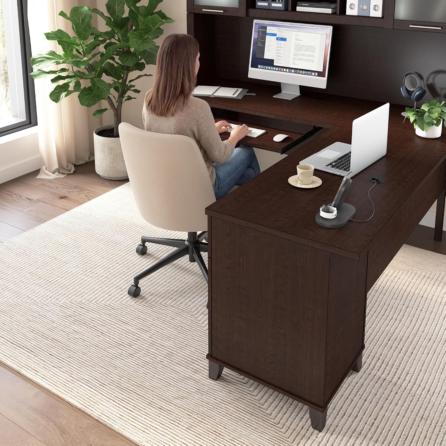 Bush Home 72-Inch L-Shaped Desk with Hutch, Corner Computer Office Desk with File and Box Drawers, Shelves and Storage Cabinet, Home Office Workstation, Somerset Collection, Mocha Cherry