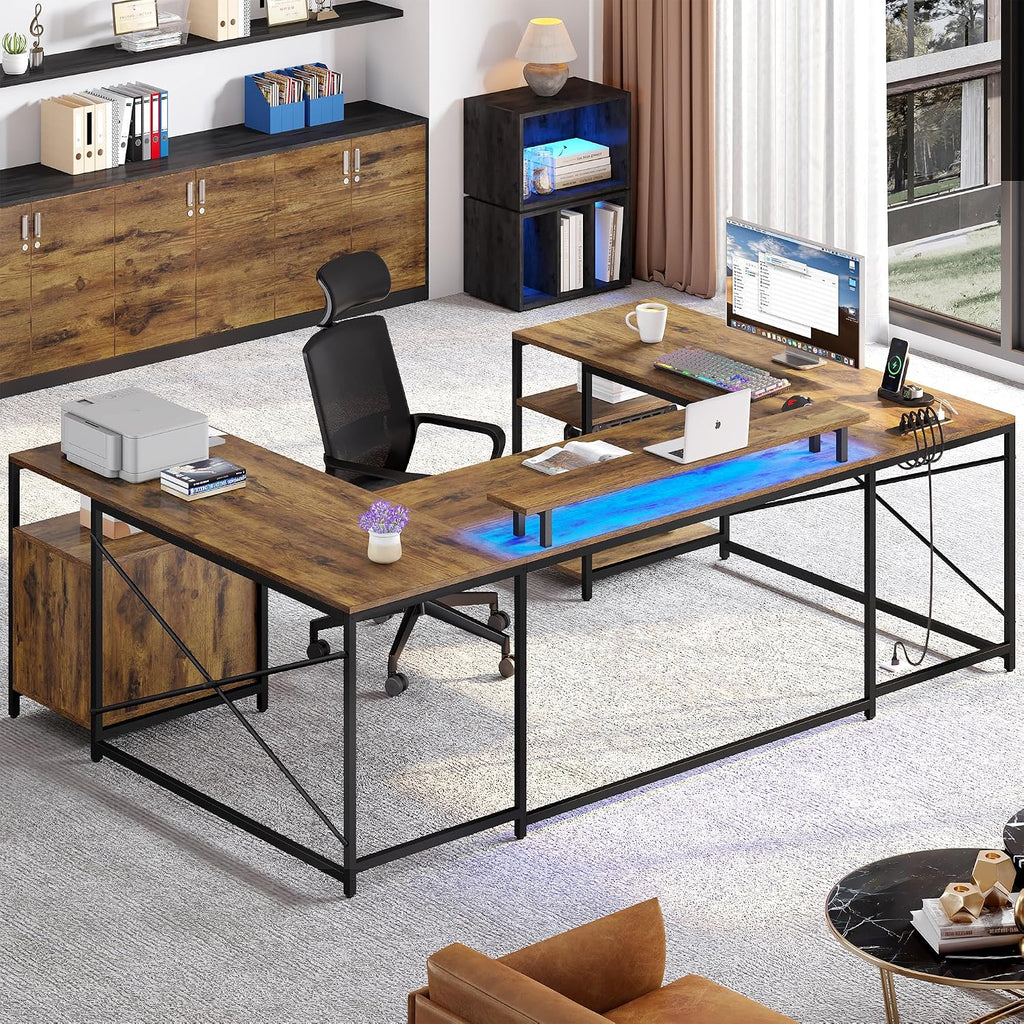 YITAHOME U Shaped Desk with Power Outlets & LED Lights, 79' Reversible L Shaped Desk with Drawers, Corner Computer Desk Office Desk with Monitor Stand & Storage Shelves, Rustic Brown