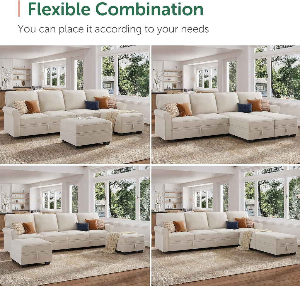 HONBAY Convertible Sectional Sofa with Storage U Shaped Sectional Couch with Reversible Chaise Small Sectional Couches for Living Room,Beige