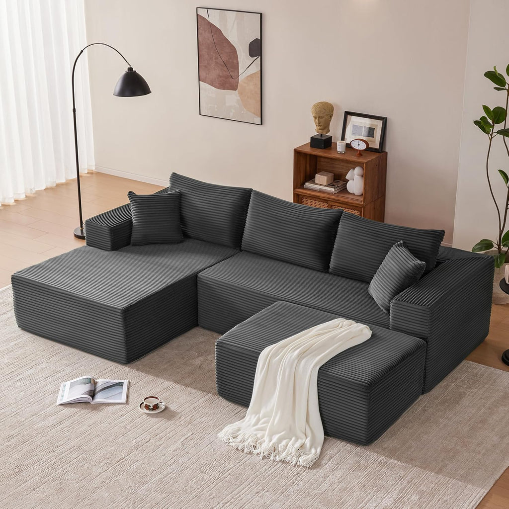 Mangodan 110' Cloud Sectional Couch, Modular Sectional Sofa with Deep Seat, Boneless Sofa for Living Room, Fluffy Comfy U-Shaped Couch with Left Facing Chaise, No Assembly Required, Grey