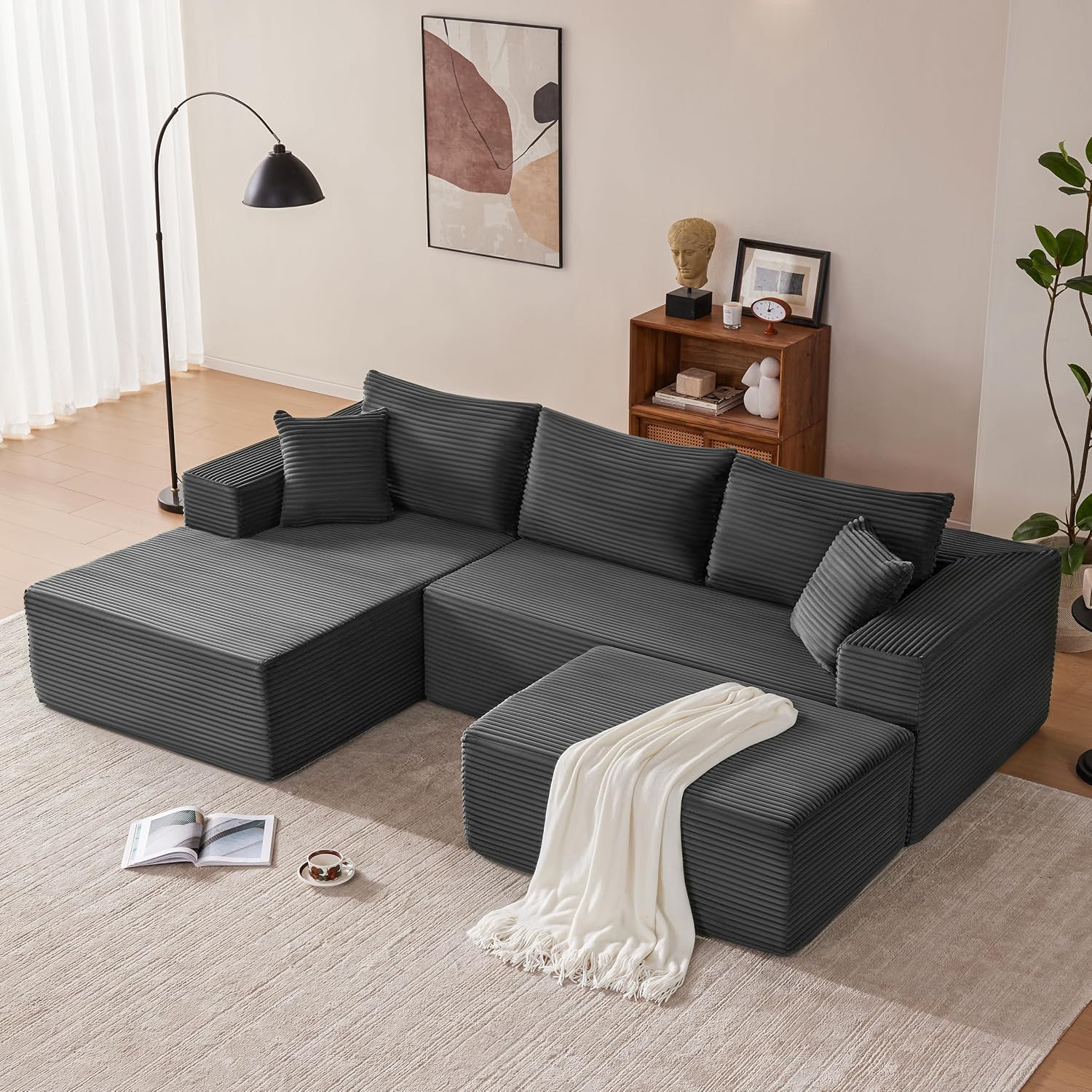 Mangodan 110' Cloud Sectional Couch, Modular Sectional Sofa with Deep Seat, Boneless Sofa for Living Room, Fluffy Comfy U-Shaped Couch with Left Facing Chaise, No Assembly Required, Grey