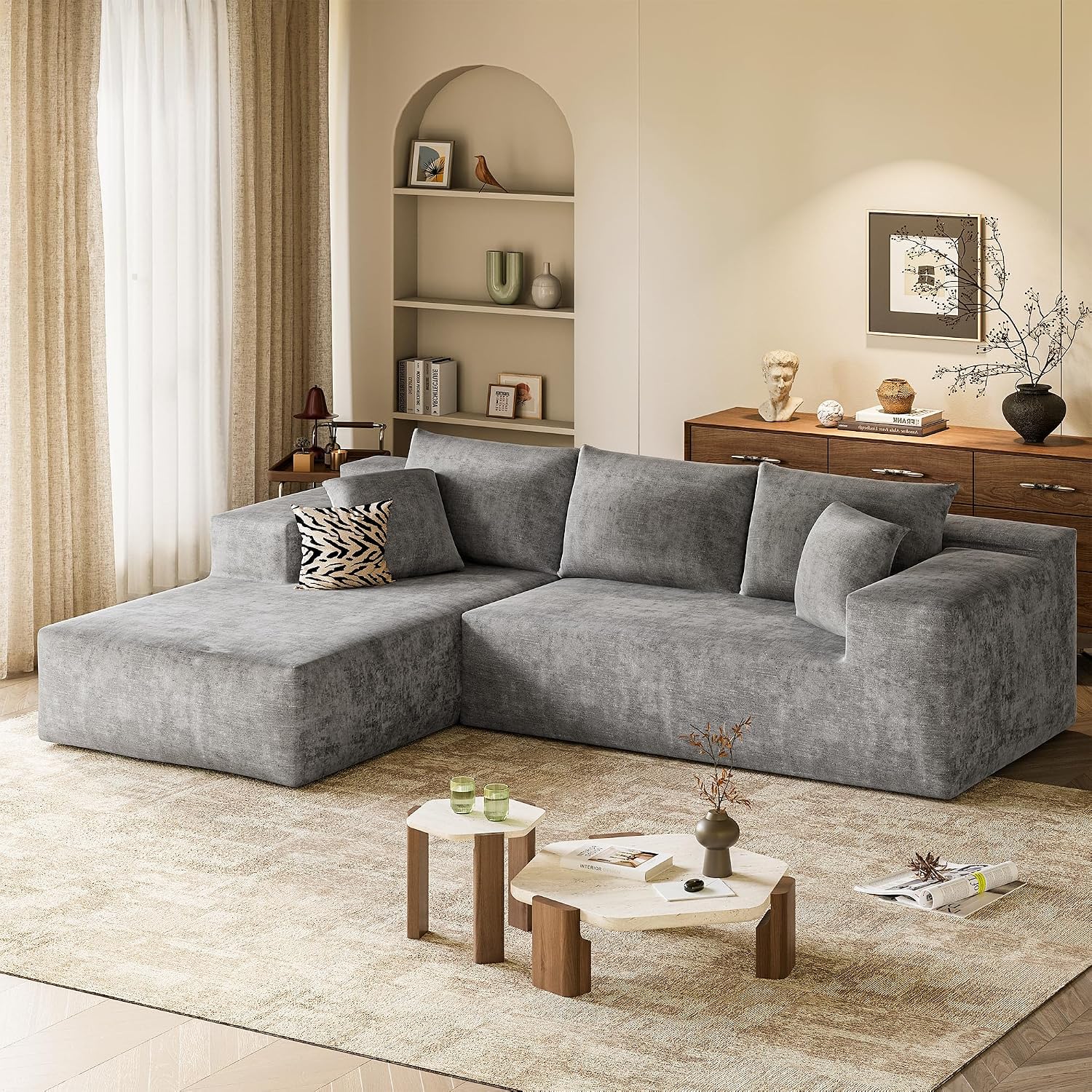 VICTONE 108' Cloud Sectional Couches, Boneless Couch Modular L-Shaped Sofa with Deep Seat, Modern Comfort Upholstered Sofas for Living Room, No Assembly Required (Chenille, Grey)
