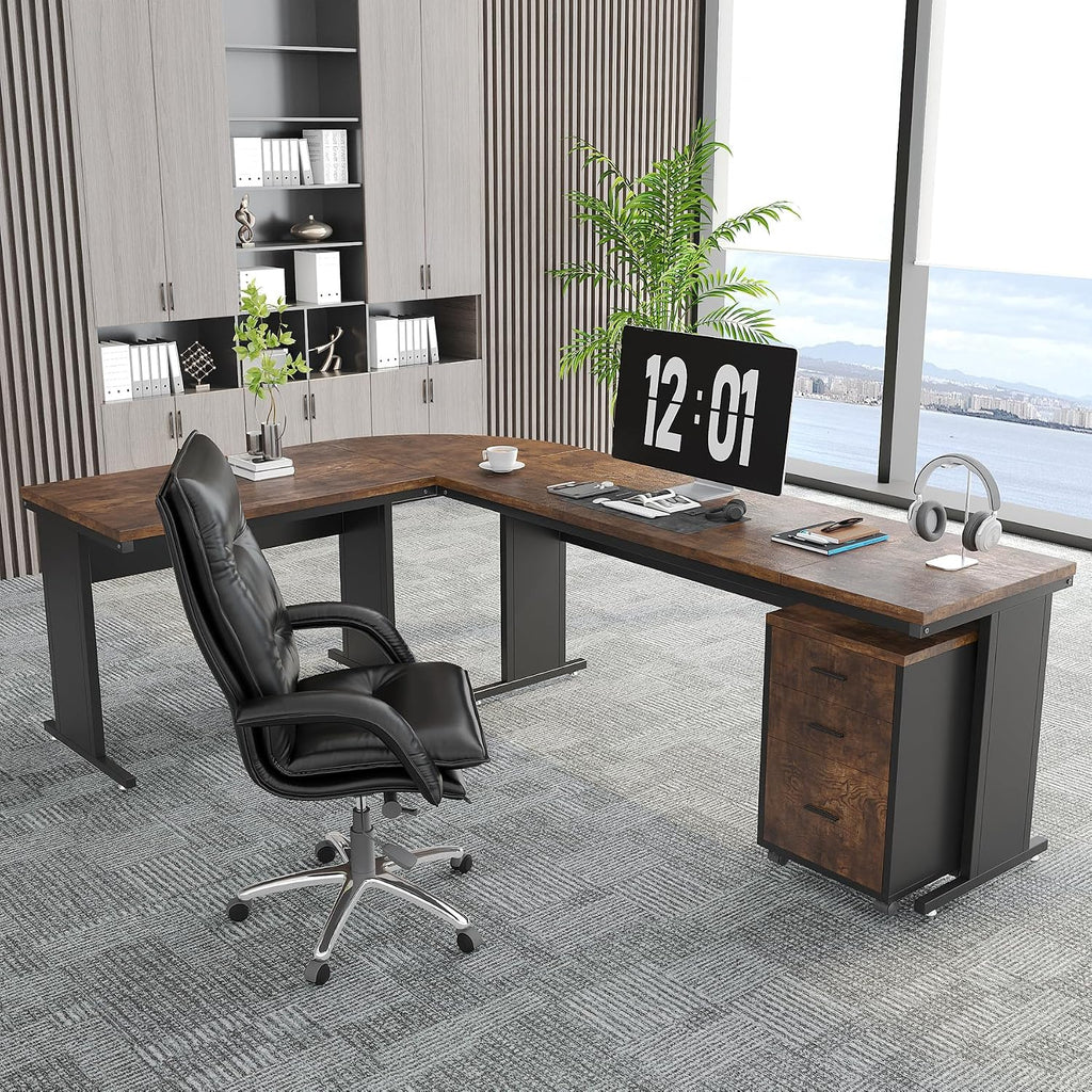 Tribesigns 83' L-Shaped Executive Desk, Large Office Desk with Drawers, Industrial Corner Computer Table with Rolling File Cabinet, Business Workstation for Home Office (Brown, 83 Inches)