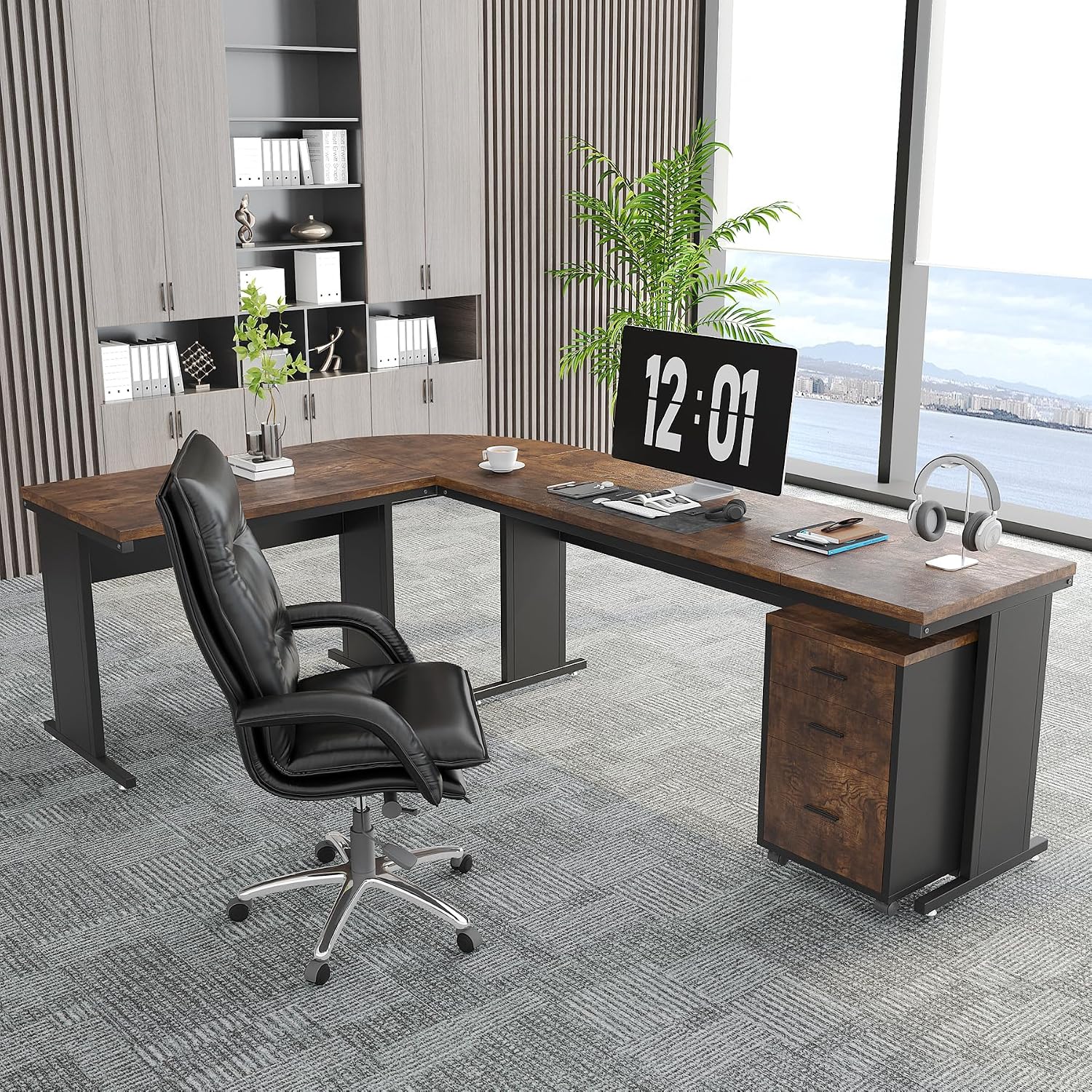 Tribesigns 83' L-Shaped Executive Desk, Large Office Desk with Drawers, Industrial Corner Computer Table with Rolling File Cabinet, Business Workstation for Home Office (Brown, 83 Inches)