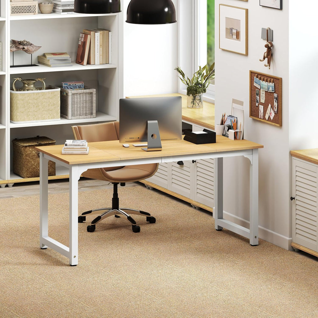NSdirect Modern Computer Desk 63 Inch Large Office Desk, Writing Study Table for Home Office Desk Workstation Wide Metal Sturdy Frame Thicker Steel Legs, White