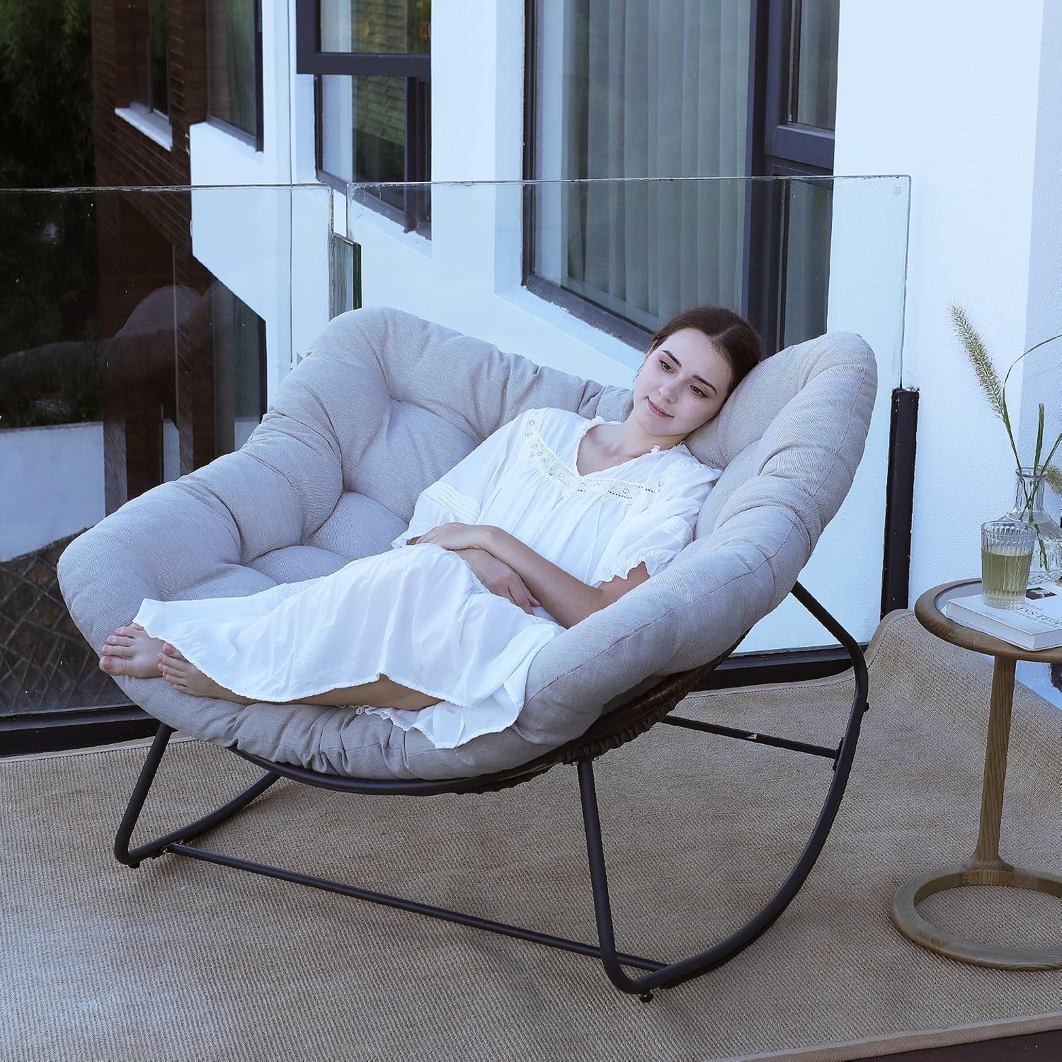 Rocking Papasan Chair, Oversized Outdoor Rocking Chair Rattan Rocking Chair with Deep Seat Thick Cushion, Patio Rocking Chair for Indoor/Porch/Garden (Light Grey & Black), Spring, 2026