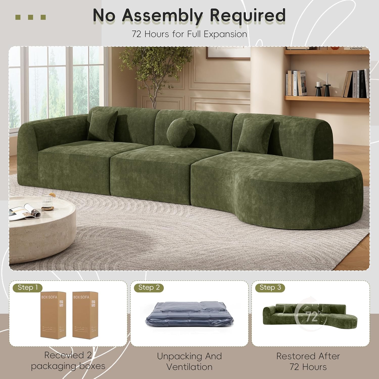 Merax 3-Piece 140' Sectional Modular Sofa Set, 4 Seat Curved Modern Cloud Couch with Chaise Lounge, 3 Pillows, Fully Assembled High-Density Compressed Sponge for Living Room, Green