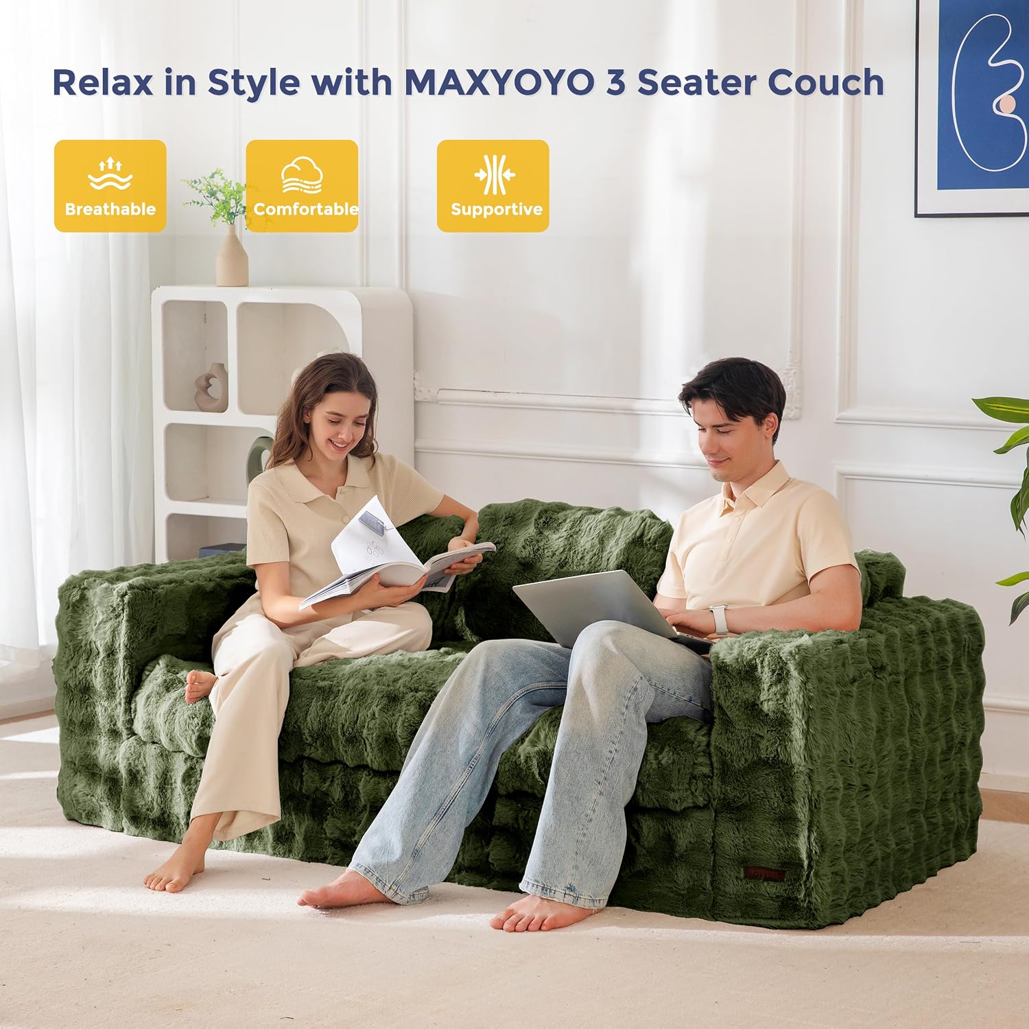 MAXYOYO 3-Seater Boneless Sofa Couch, Modern Bubbled Sofa for Living Room, Soft Bean Bag Chair High-Density Foam Couch with Pillows, No Assembly Required