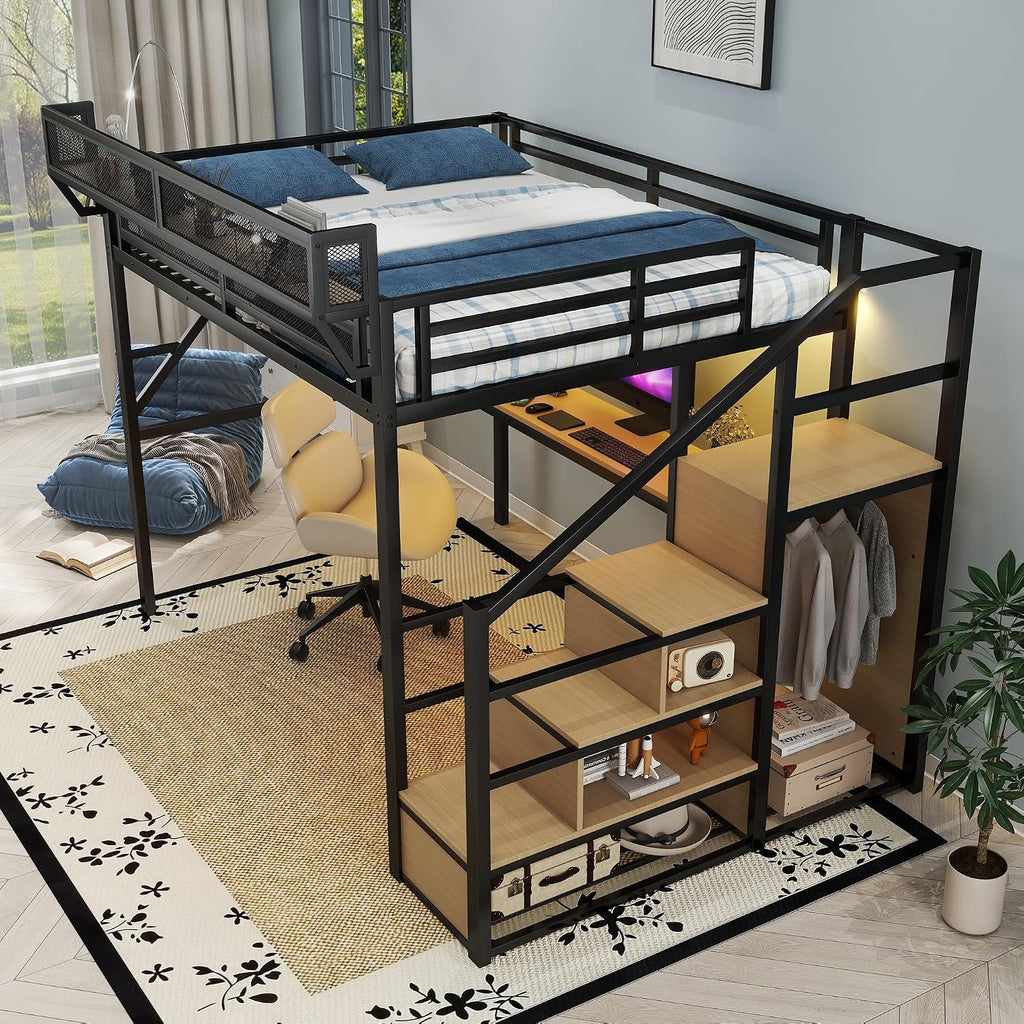 Queen Loft Bed with Desk, Stairs and Charging Station, Metal High Gaming Loft Bed Queen Frame with Storage Shelves, RGB Light & Closet, Heavy-Duty Beds for Adults,Teens, Kids, Black