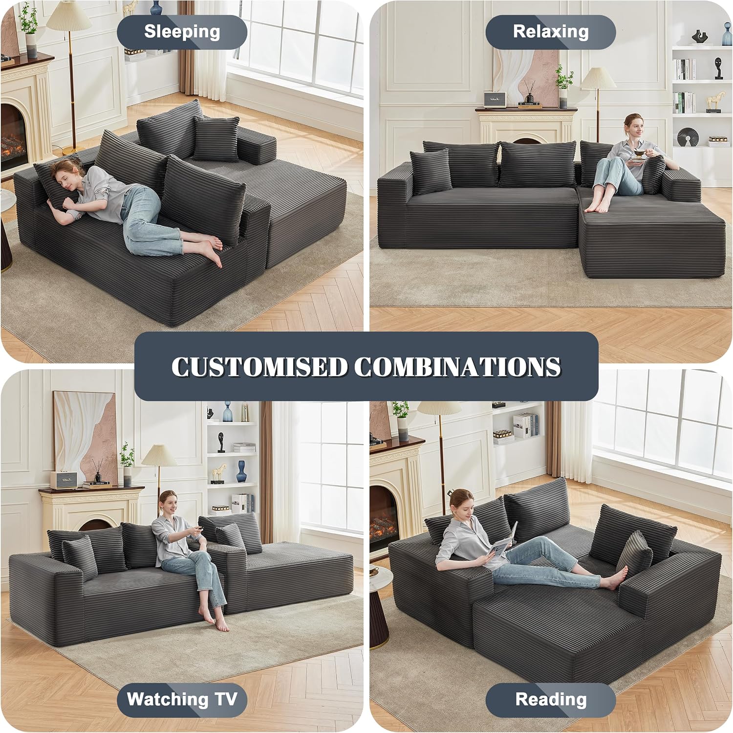 Mangodan 110' Cloud Sectional Couch, Boneless Sofa for Living Room, Modular Sectional Sofa with Deep Seat, Fluffy Couch with L-Shaped Chaise, No Assembly Required (Right-Facing Chaise, Dark Grey)