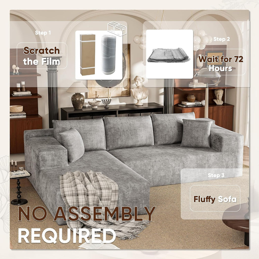 VICTONE 108' Cloud Sectional Couches, Boneless Couch Modular L-Shaped Sofa with Deep Seat, Modern Comfort Upholstered Sofas for Living Room, No Assembly Required (Chenille, Grey)