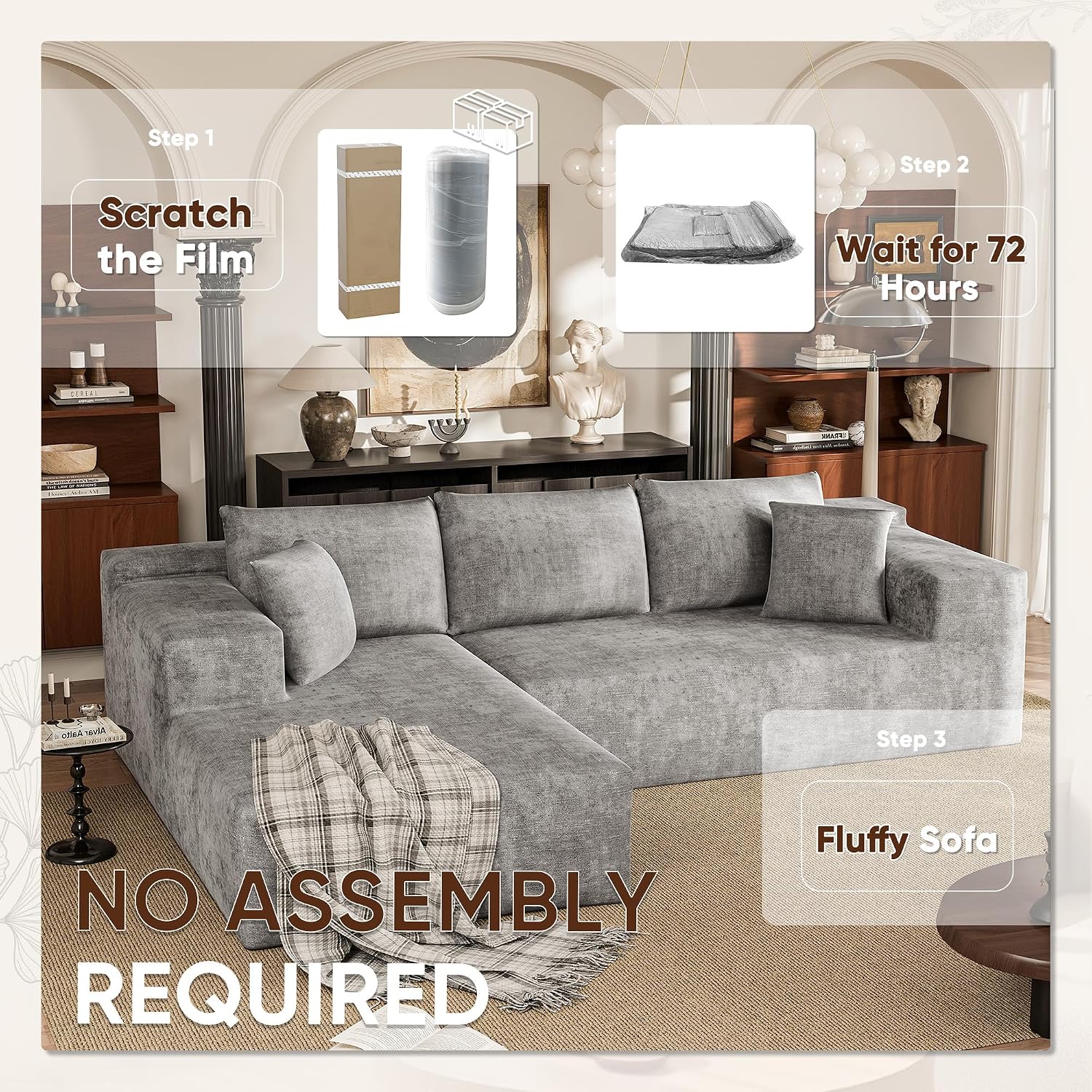 VICTONE 108' Cloud Sectional Couches, Boneless Couch Modular L-Shaped Sofa with Deep Seat, Modern Comfort Upholstered Sofas for Living Room, No Assembly Required (Chenille, Grey)