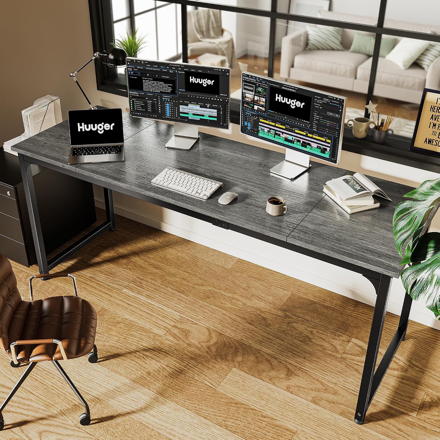Huuger Computer Desk, 70 Inch Office Desk, Gaming Desk with Storage, Writing Desk Work Desk for Home Office, Study, Long Simple Desk, Large Legroom, Metal Frame, Grey