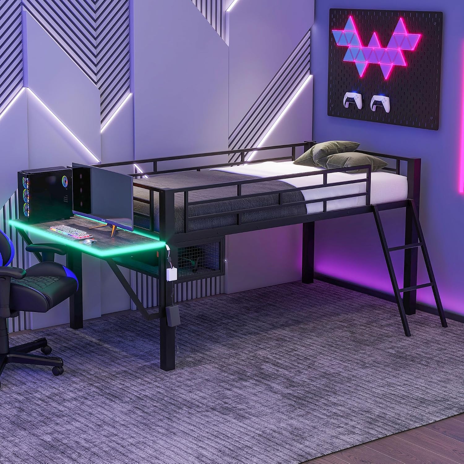 Linique Twin Size Gaming Loft Bed with Desk, LED and Staircase, Metal Loft Bed Frame with Vented Mesh Undercarriage Storage, Black