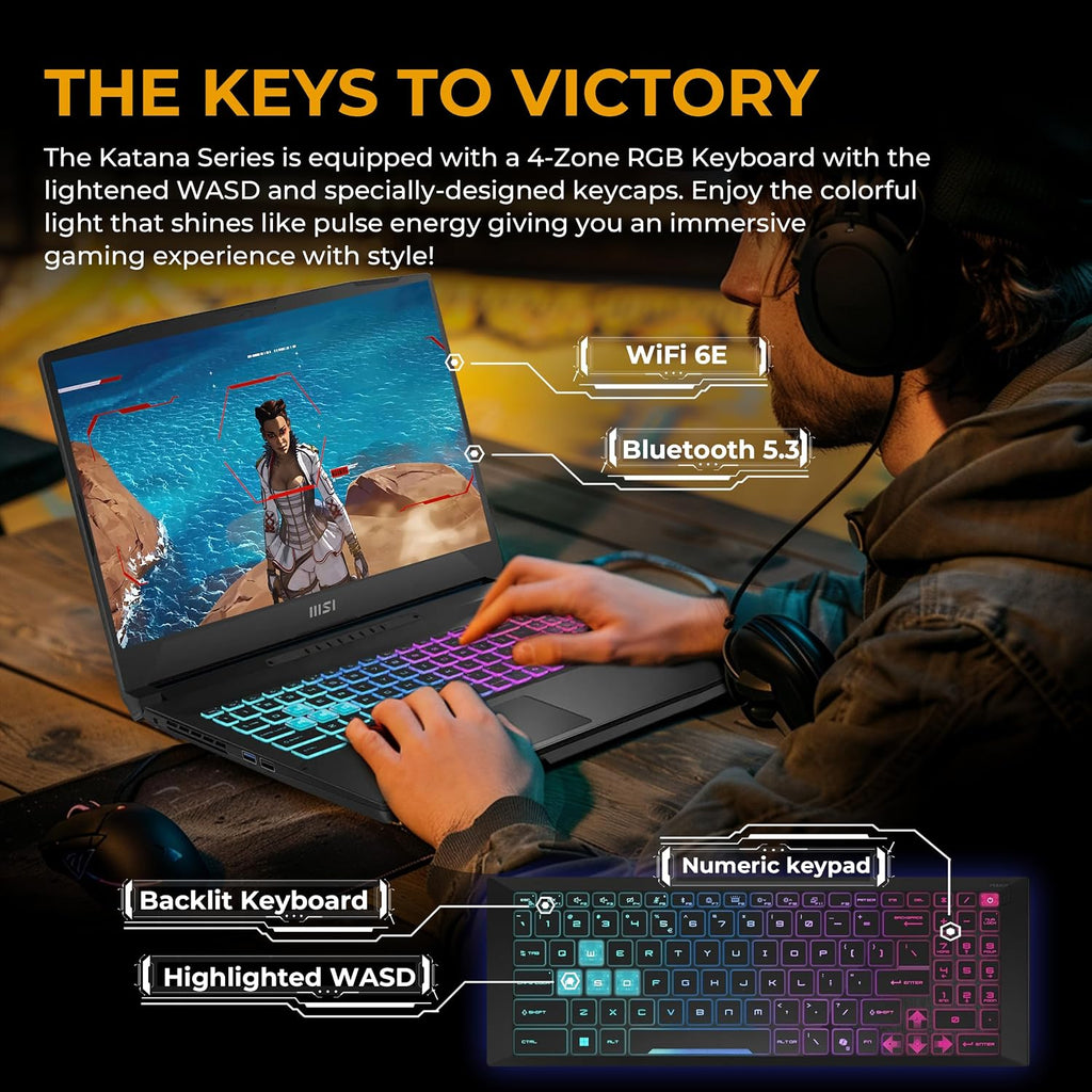 msi Katana 15.6' 165Hz QHD Gaming Laptop, NVIDIA GeForce RTX 5070 8GB, 16GB DDR5 RAM, 2TB Storage(1TB SSD & 1TB Docking Station), Intel Core i7-14650HX, 4 Zone RGB Backlit Keyboard, Windows 11, Black