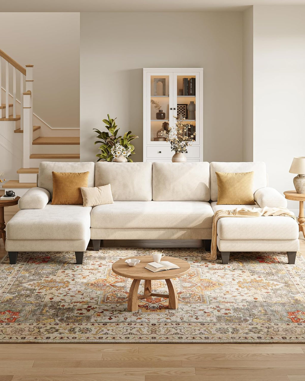U-Shaped Sectional Couches for Living Room | Chenille Sofa with Double Chaise |112 Inch Beige Sectionals Couch for Apartment