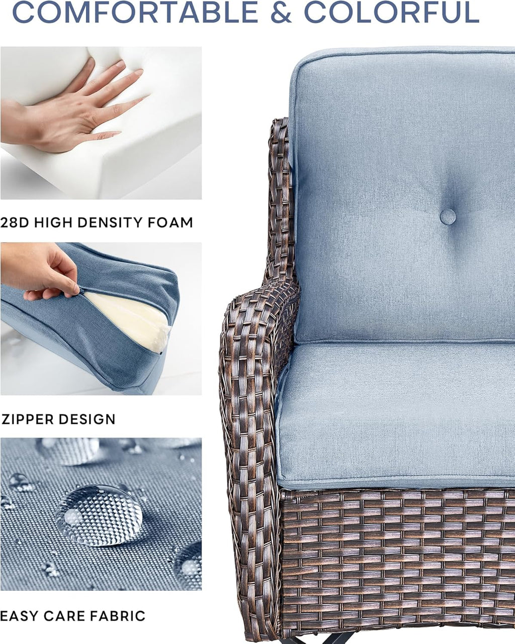 Pop 22x25/22x24 Outdoor Replacement Cushions - 1 Set High Back Deep Seat Patio Furniture Cushion for Rattan Dining Swivel Rocking Chairs Loveseat Couch Sectional Sofa - Baby Blue/Button