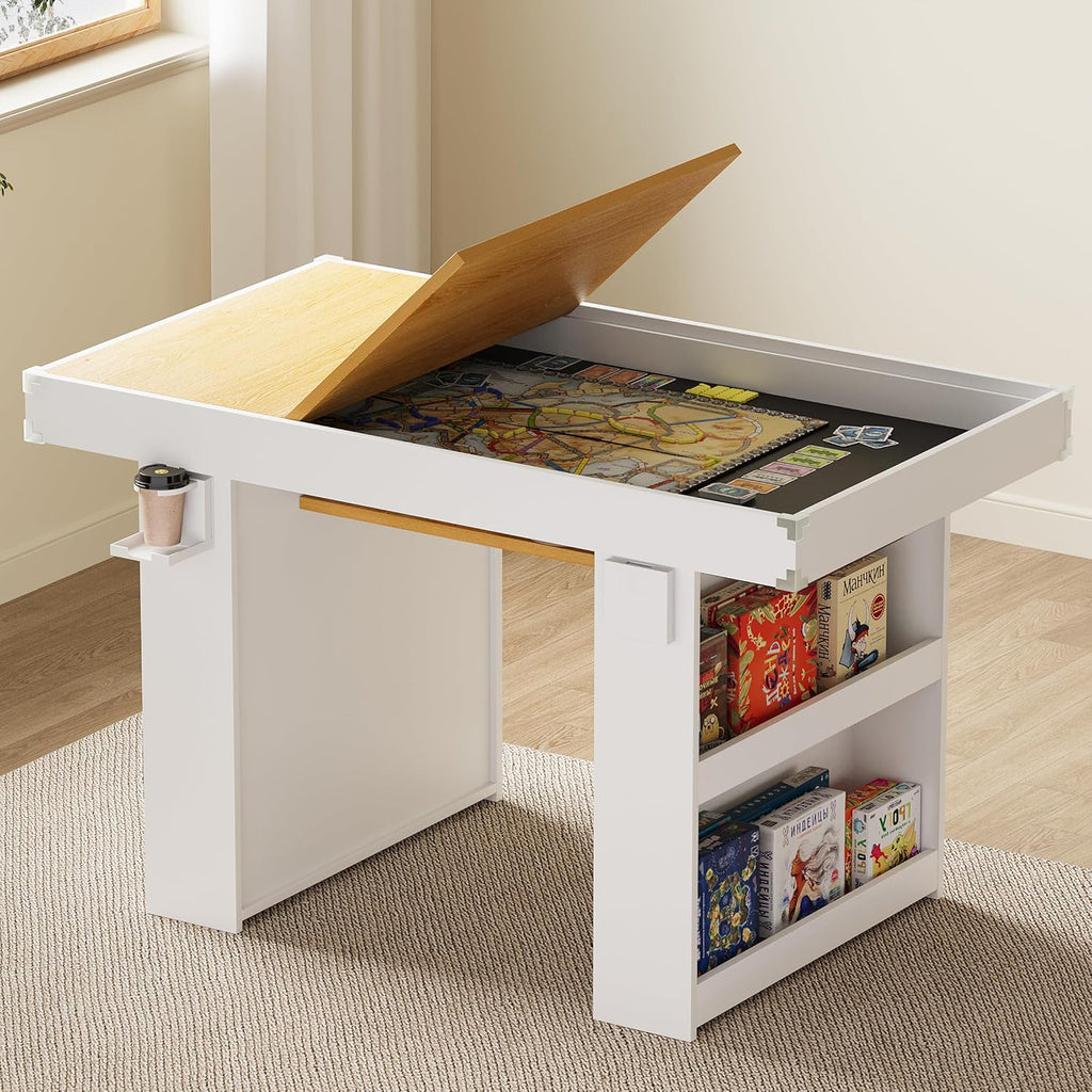 Gaming & Dining Table with Removable Top & PU Leather Mat, Board Game Table for 4-6 Players, Side Storage Shelves & Cup Holders, Corner Protectors, for Card Games, DND, Poker & Building Blocks