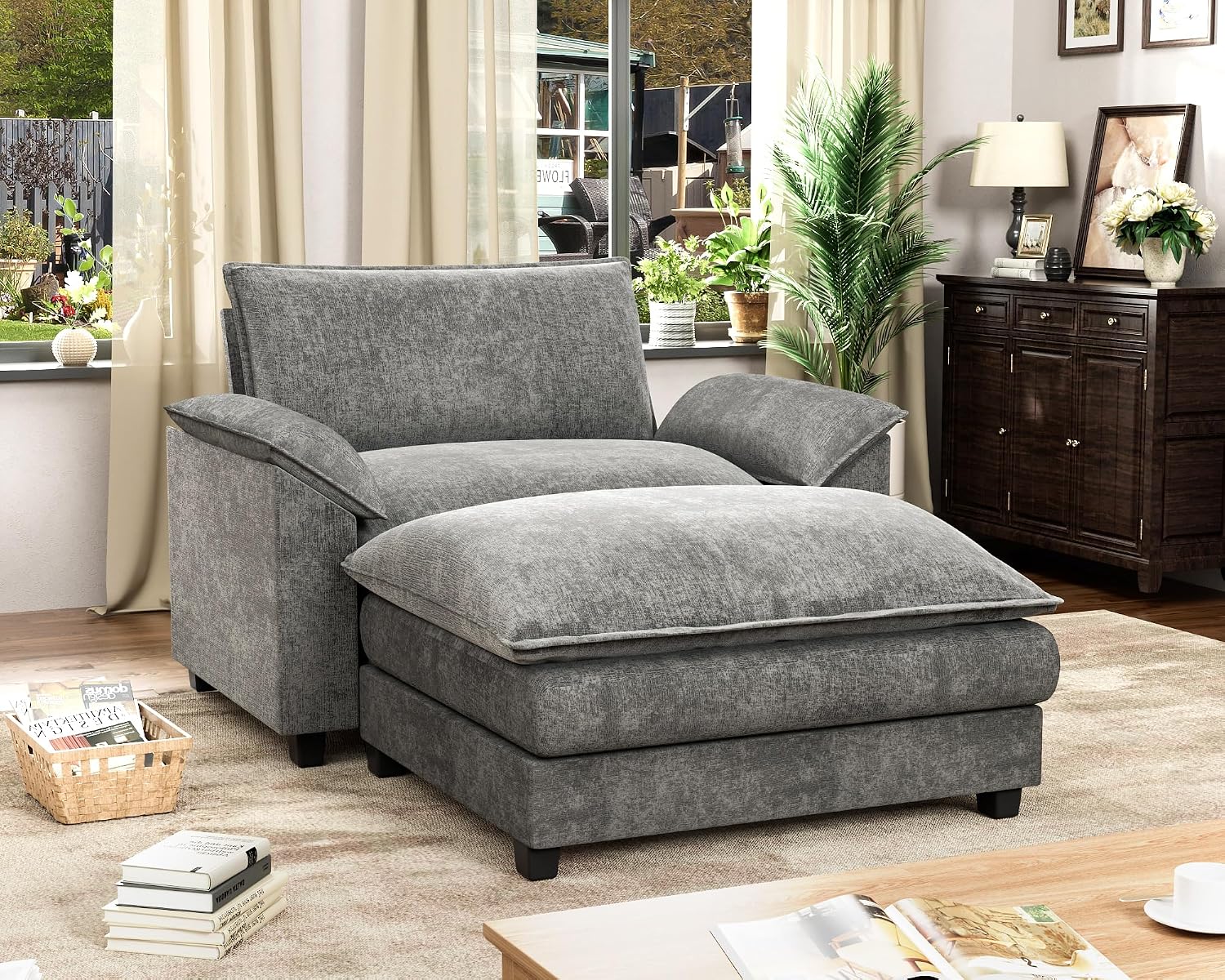 Homall 40' Modular Sectional Sofa, Single Sofa Couch with Reversible Ottoman, DIY Combination Chenille Deep 1-Seat Cloud Couch for Living Room, Apartment (Light Grey, Single Sofa Chair)