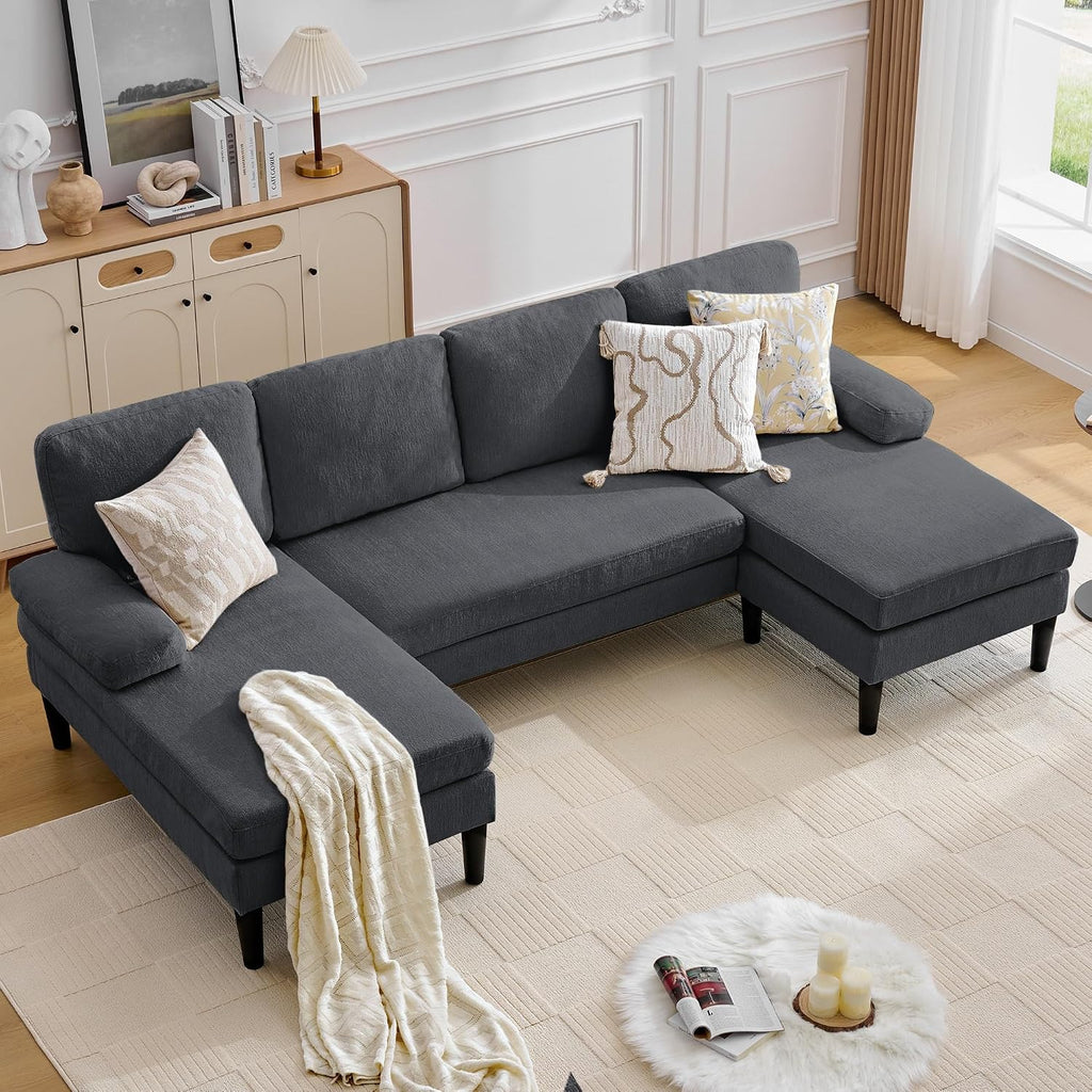 Korser 101' Sectional Couches for Living Room, U Shaped Sofa with Double Chaise Lounge, Modern Chenille Fabric 4-Seat Couch for Apartment/Small Space, Grey