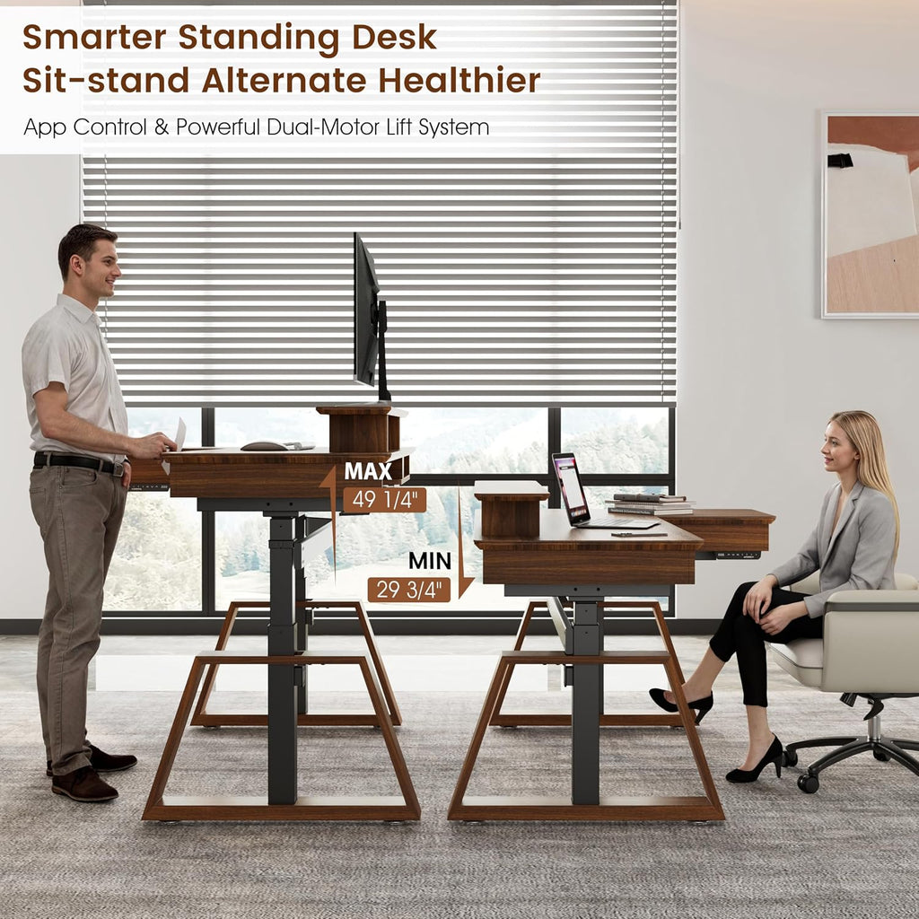 EUREKA ERGONOMIC L Shaped Desk 63', Solid Walnut Wood Top, Executive Standing Desk Adjustable Height, Dual Motor Corner Workstation with Drawers & Monitor Shelf for Home Office, Left