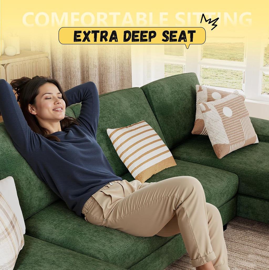 JUMMICO Sectional Couches for Living Room, U Shaped Couch with Chenille Fabric, 4 Seat Modern Sofa with Removable Pillows for Apartment and Small Space (Fabric, Green)