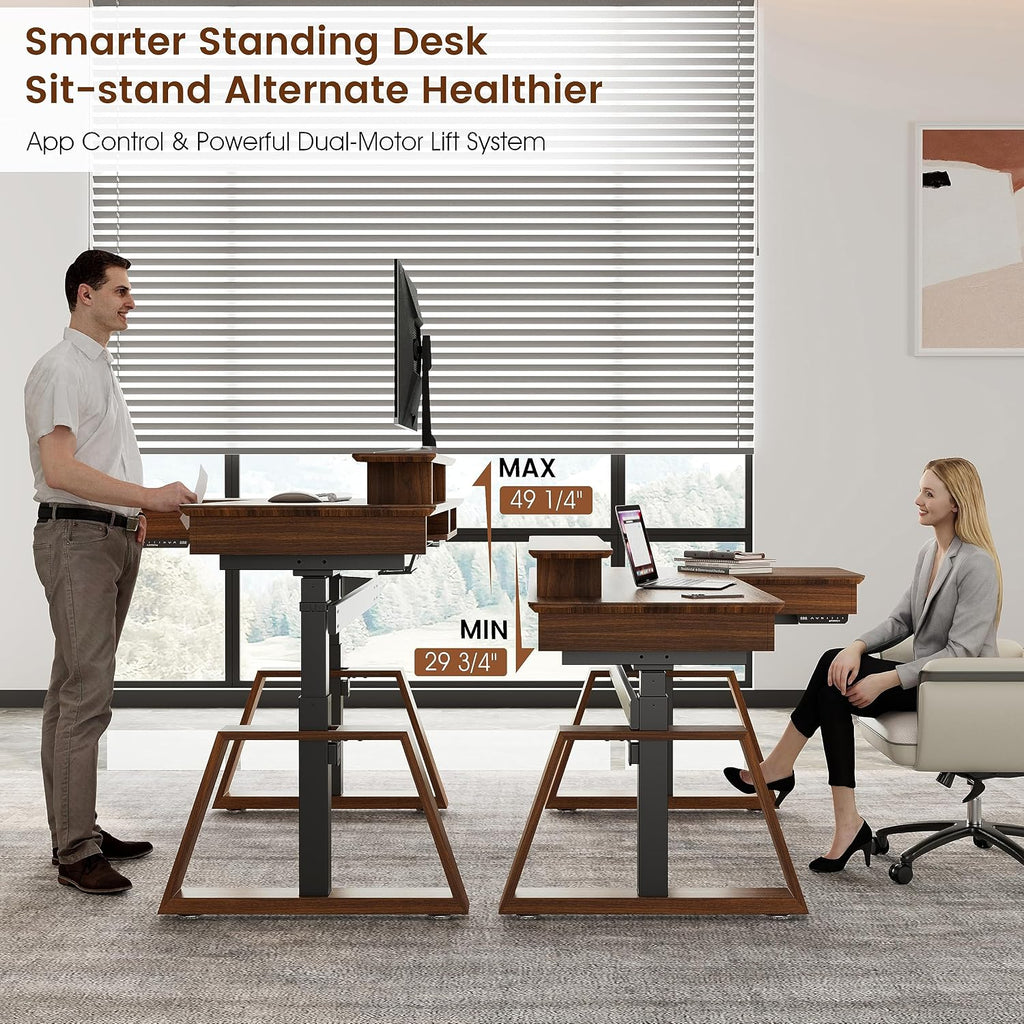 EUREKA ERGONOMIC 63' L-Shaped Standing Desk, Solid Walnut Top, Dual Drawers, Height Adjustable Executive Desk with Monitor Stand, Right, Walnut