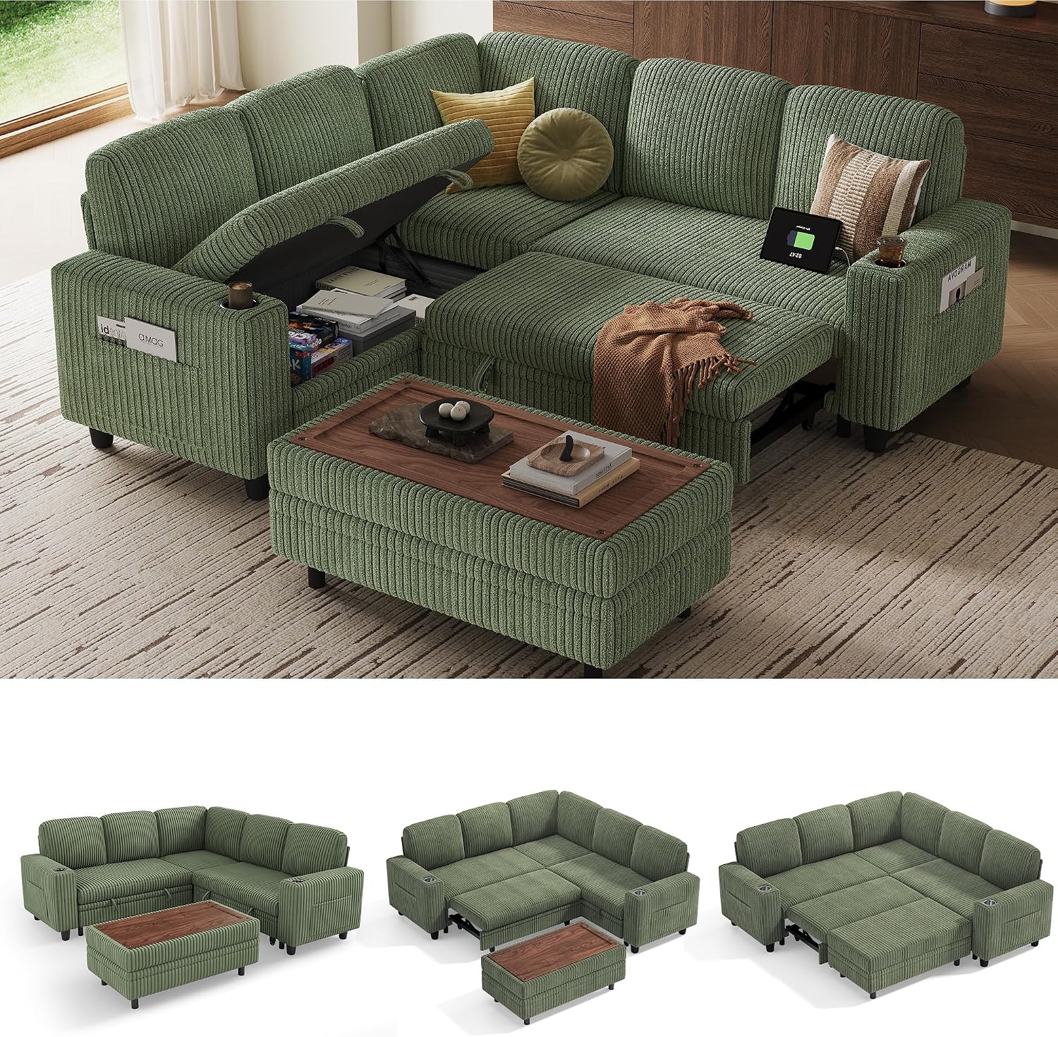 LINSY HOME Sectional Sleeper Sofa with Pull Out Couch Bed for Living Room (Green) | Plush Corduroy, Storage Ottoman, Storage Chaise, Pull Out Couch, USB Charging