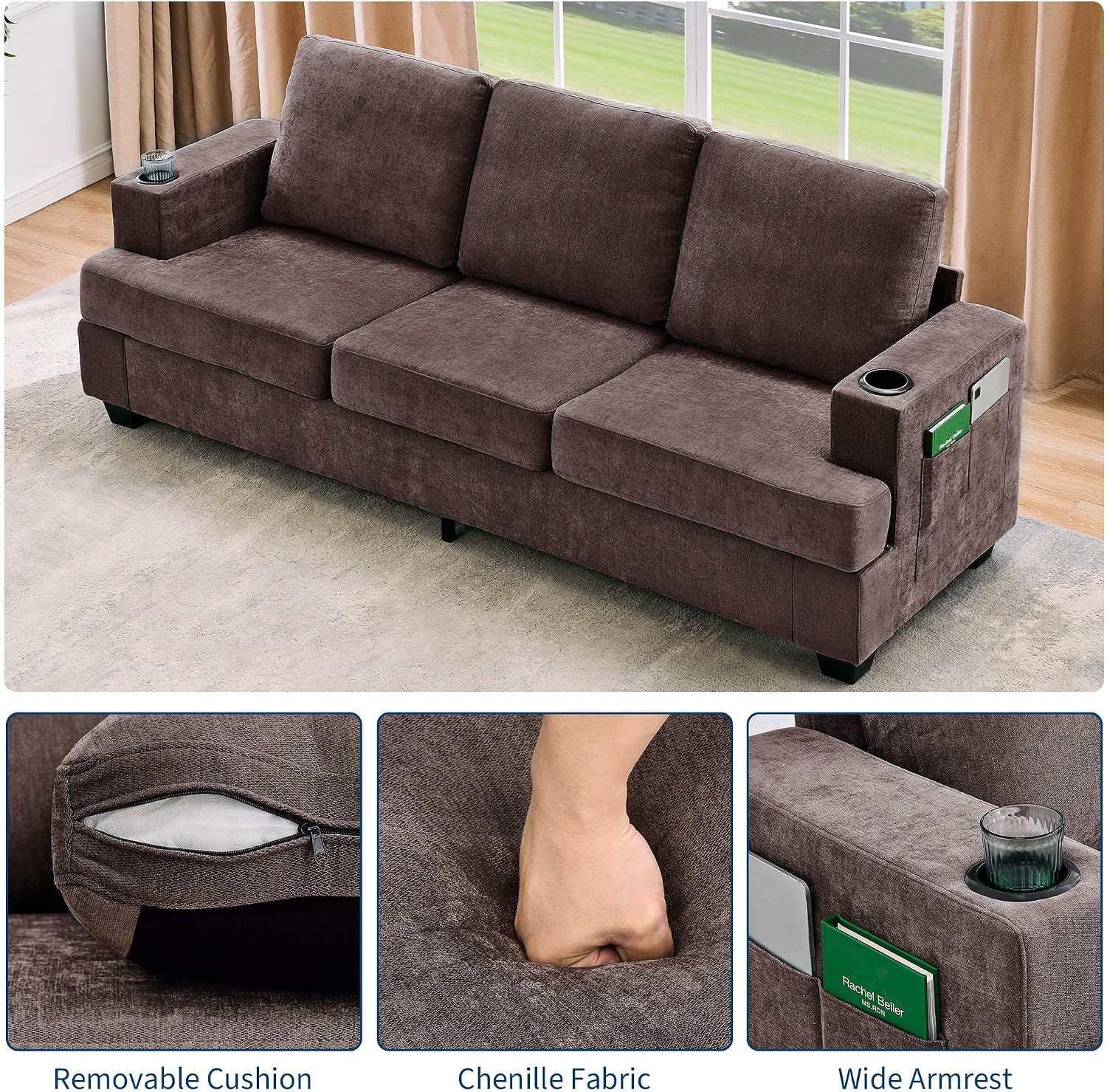 GarveeHome Modern 89 in 3-Seater Sofa for Living Room, Comfy Couches with Deep Seat, Chenille Couch with Cup Holders and Side Storage Pockets for Apartment Lounge, Brown