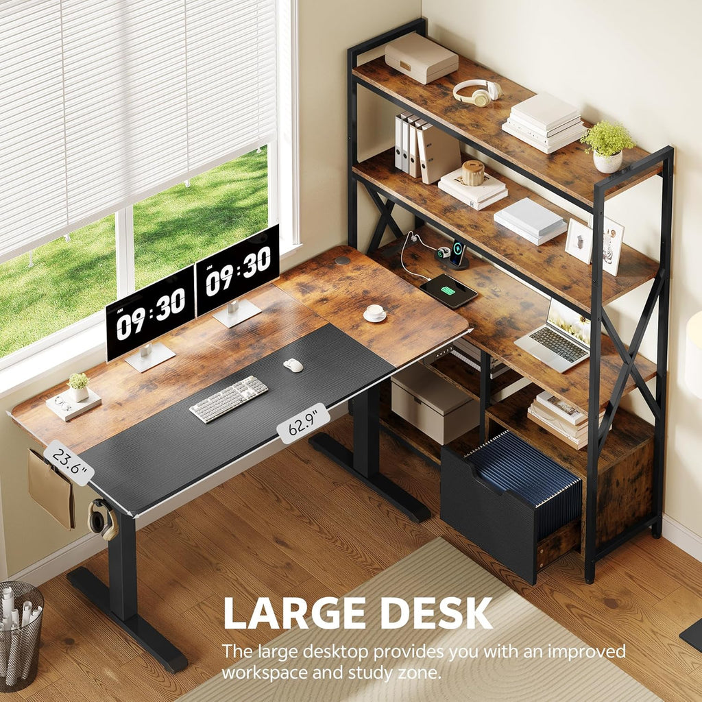 77.8 Inches L Shaped Standing Desk Corner Desk with Hutch Electric Height Adjustable Desk with Storage Shelves File Drawer Power Outlets Reversible Computer Gaming Desk for Home Office, Brown