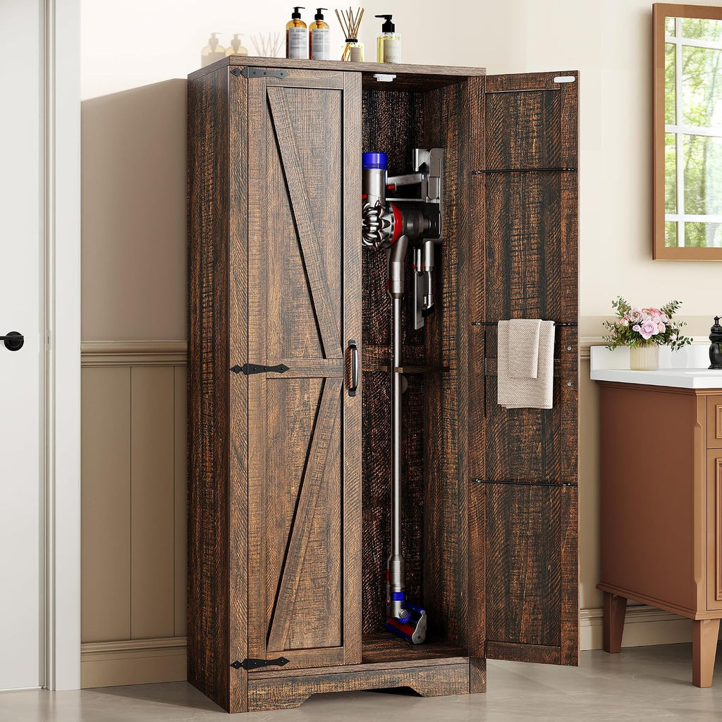 DWVO Wooden Storage Cabinet, Vacuum Cleaner Cabinet Storage Compatible with Dyson Models, Utility Cabinet Stand for Brooms and Mops, Cleaning Tool Cabinet with Doors for Garage
