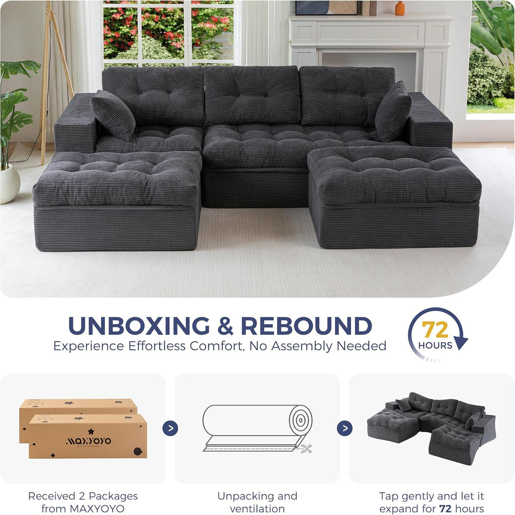 MAXYOYO 104' U Shaped Modular Sectional Sofa with 2 Ottomans, Cloud Boneless Couch with Layered Cushion, Flexible Module Combination Sofa for Living Room, No Assembly Required, Dark Grey