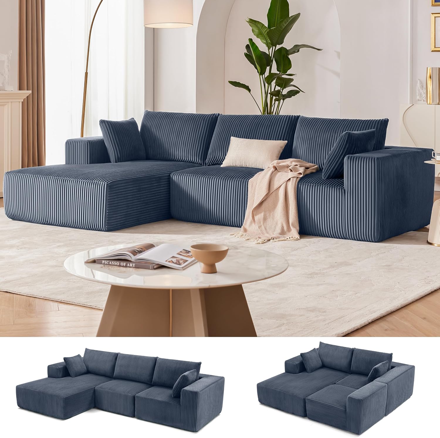108' Modular Sectional Sofa, Cloud Sectional Couch with Deep Seat, Boneless Couches for Living Room Bedroom, Modern Modular L-Shape Sofa Couch with Chaise (Blue, Left Facing Chaise)