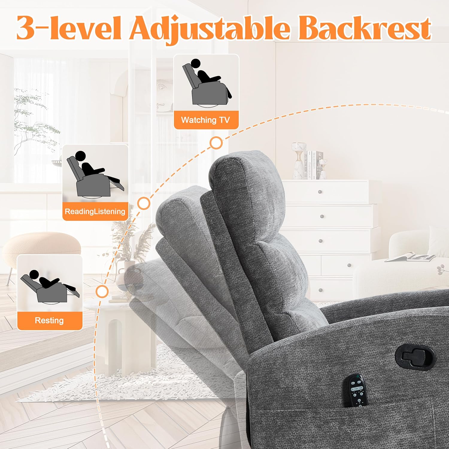 Luxlen Manual Swivel Rocker Recliner Chair with Massage, Overstuffed Recliner Glider with Vibration Massage and Heat for Nursery, Living Room Reclining Sofa Chair, Fabric Dark Gray