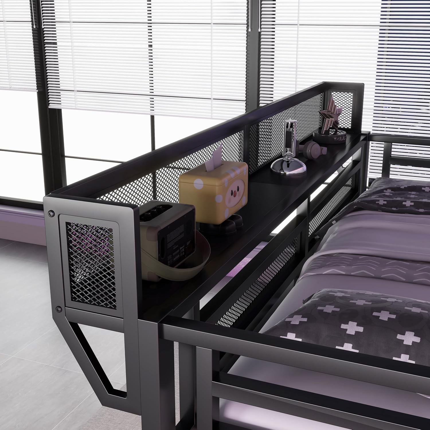 Queen Loft Bed with Desk and Stairs, Metal Lofts Bed Queen Size with Upper Storage Shelf, Gaming LoftBed with LED, Charging Station and Wardrobe for Teens, Adults,Black and Black Stairs