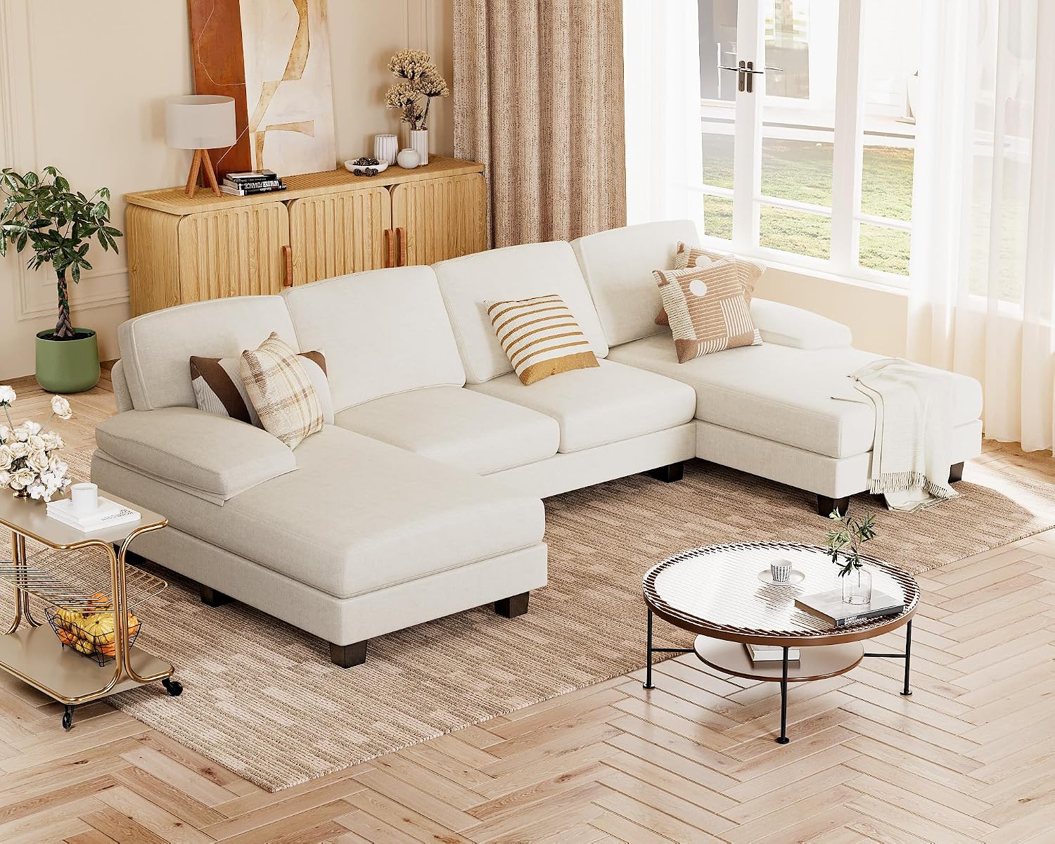 JUMMICO Sectional Couches for Living Room, U Shaped Couch with Chenille Fabric, 4 Seat Modern Sofa with Removable Pillows for Apartment and Small Space (Fabric, White)