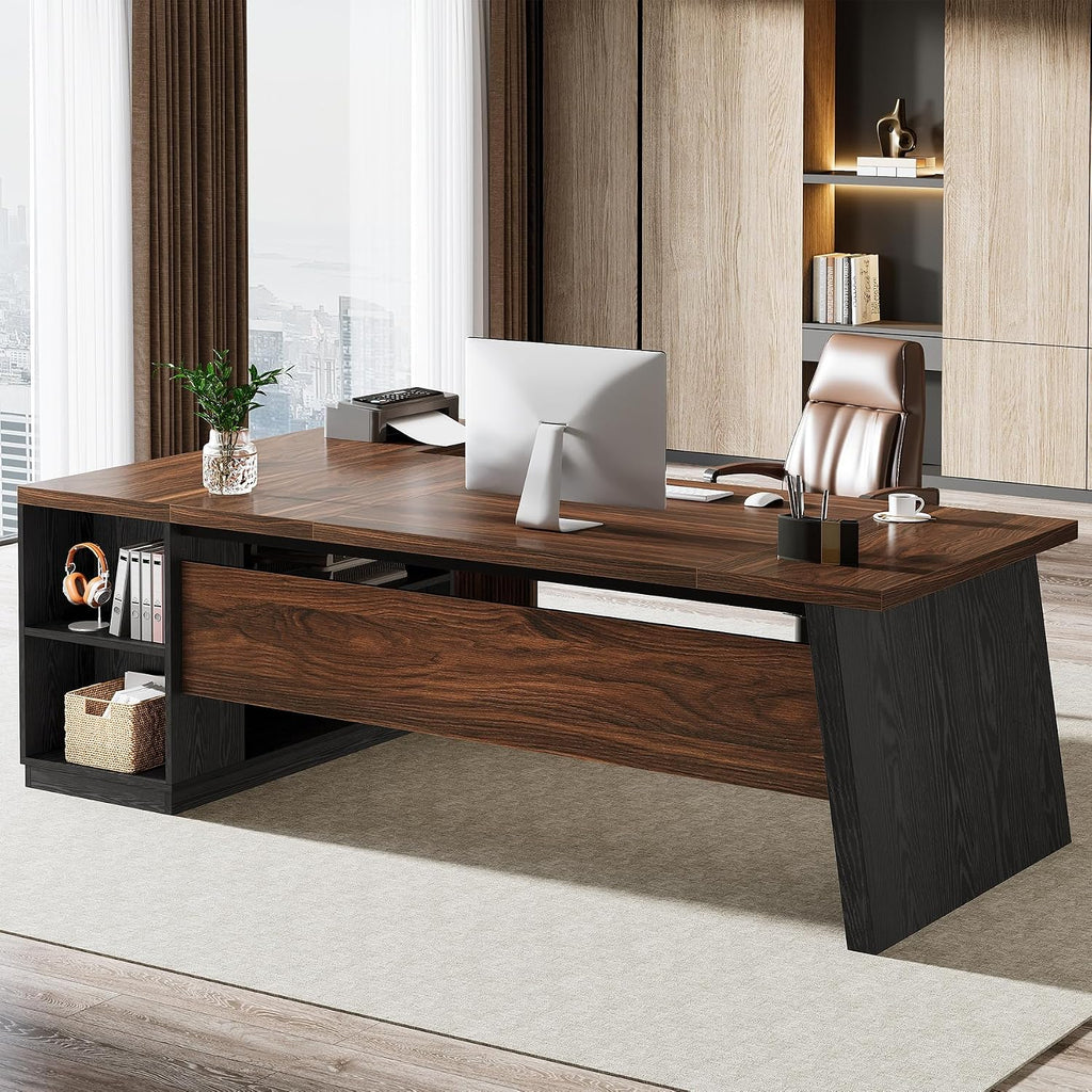 Tribesigns 78' L Shaped Executive Desk, Large Office Desk with Drawers and Storage Shelves, Modern Corner Computer Table Business Furniture for Home Office (Walnut & Brown)